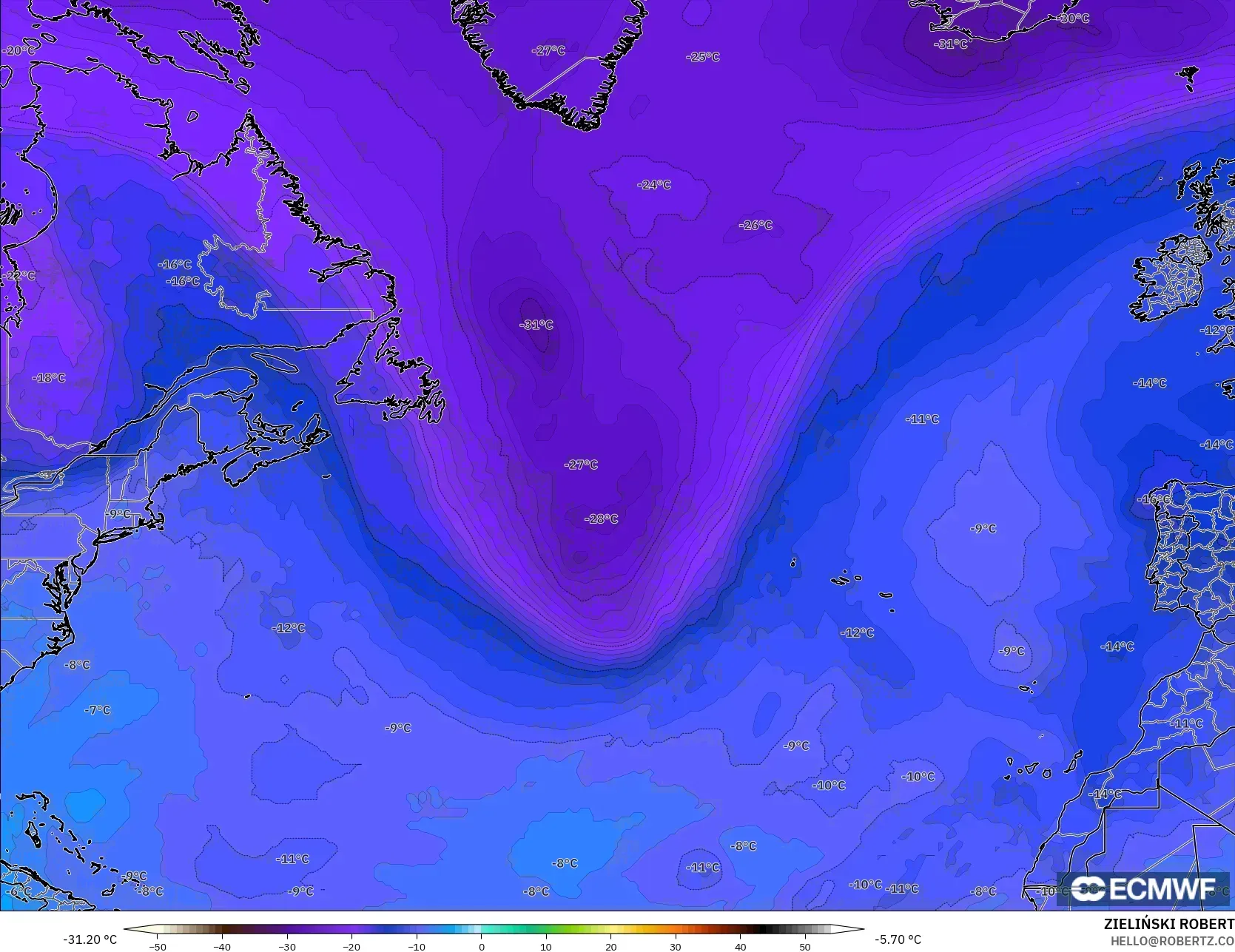 ECMWF IFS 0.25° modelo - Norte Atlántico, Temperatura a 500 hPa