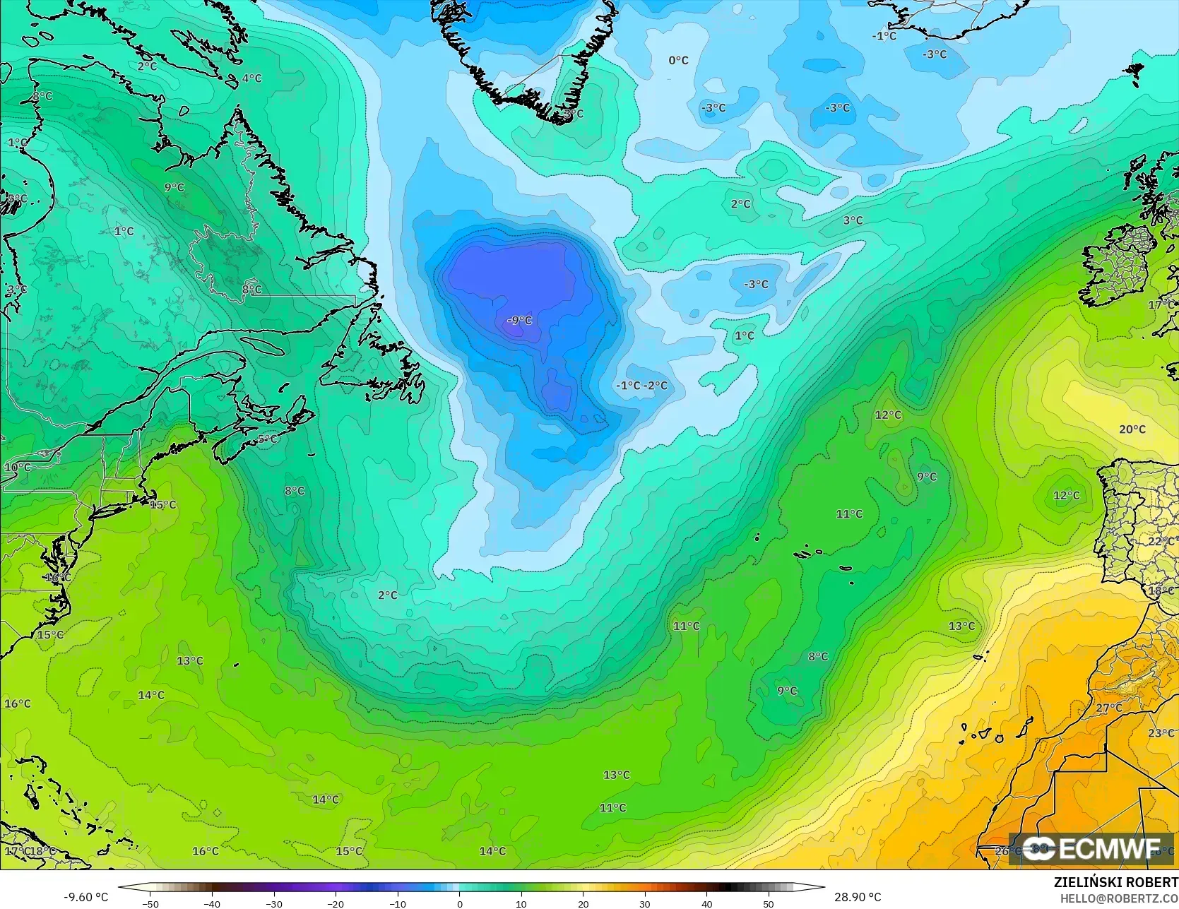 ECMWF IFS 0.25° modelo - Norte Atlántico, Temperatura a 850 hPa