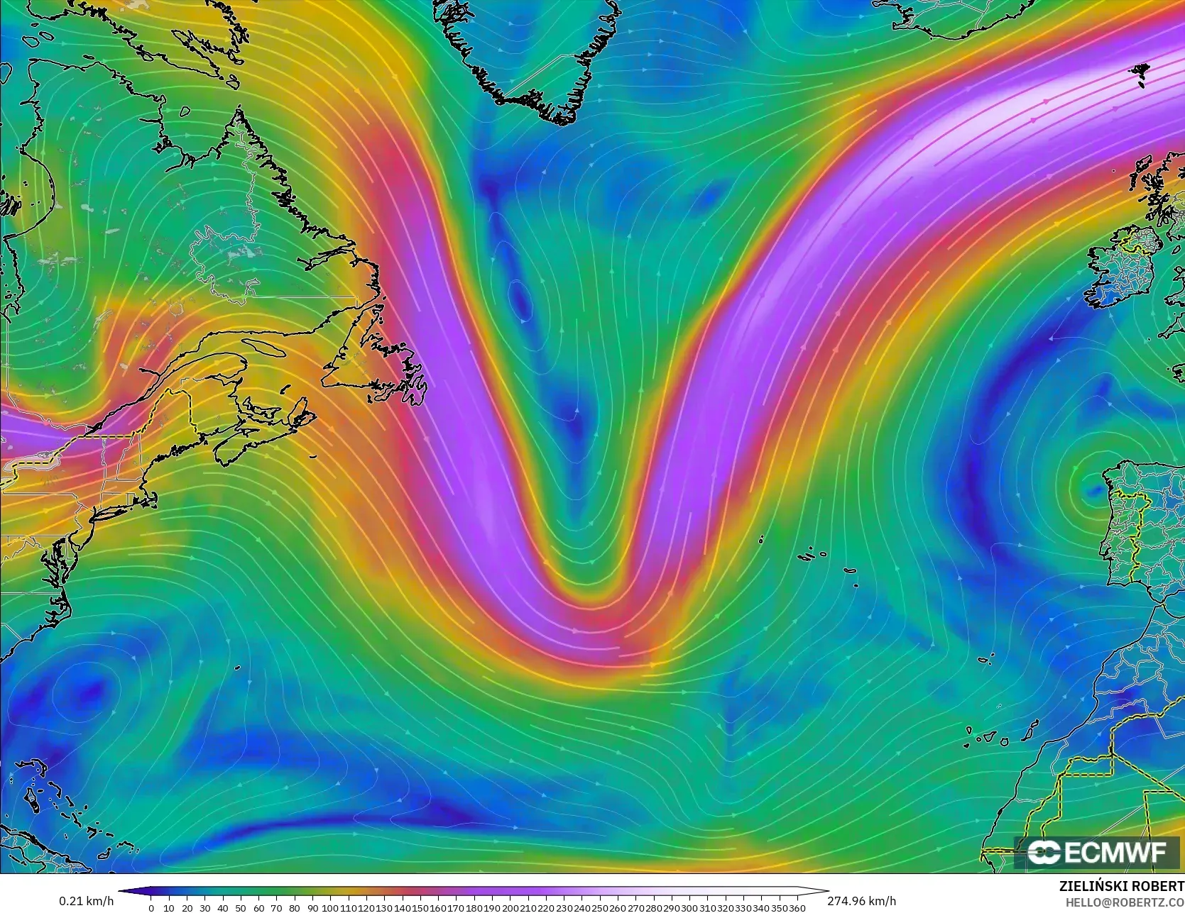 ECMWF IFS 0.25° modelo - Norte Atlántico, Viento a 300 hPa (corriente en chorro)