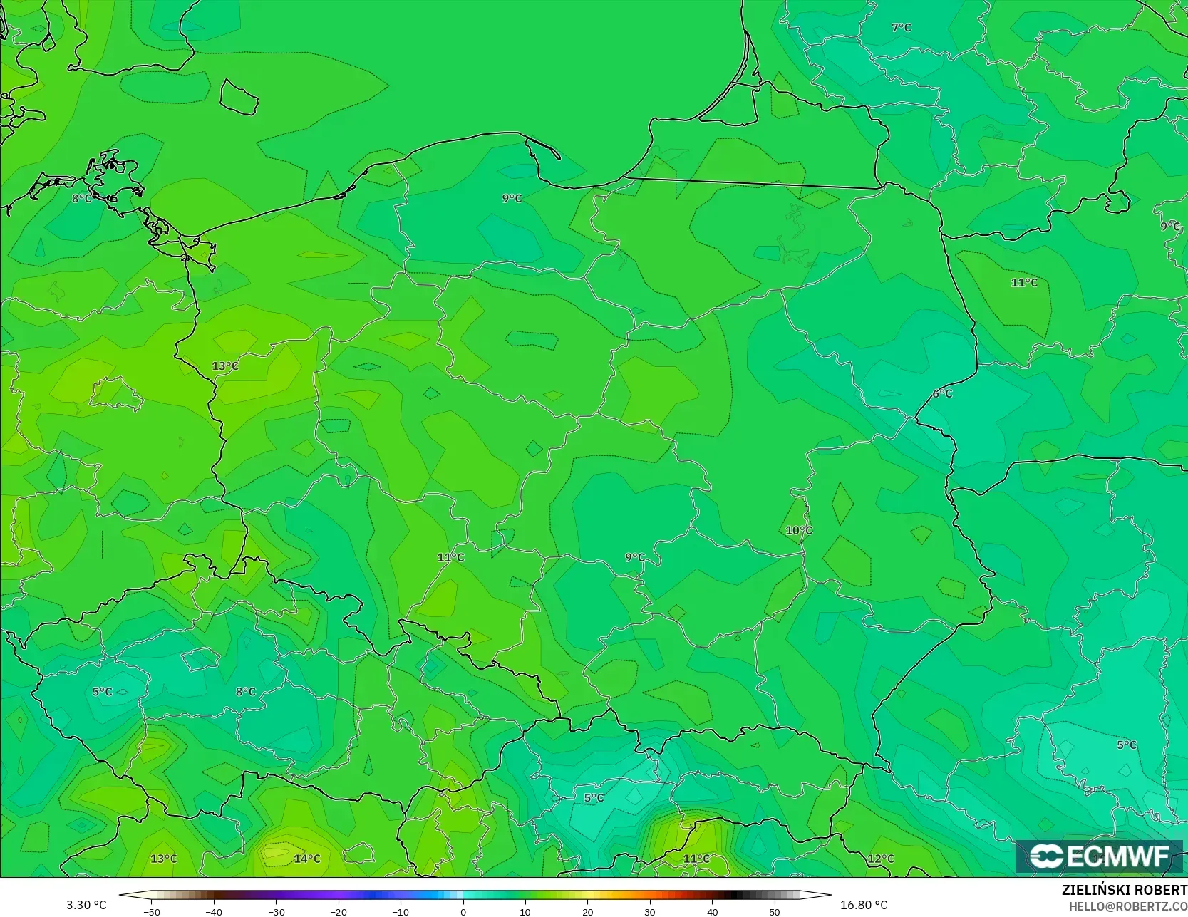 ECMWF IFS 0.25° modelo - Polonia, Punto de rocío a 2 m