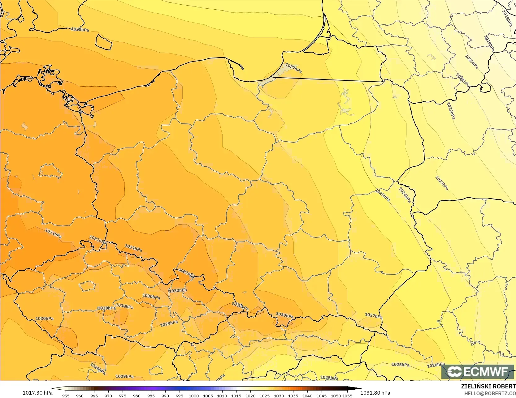 ECMWF IFS 0.25° modelo - Polonia, Presión