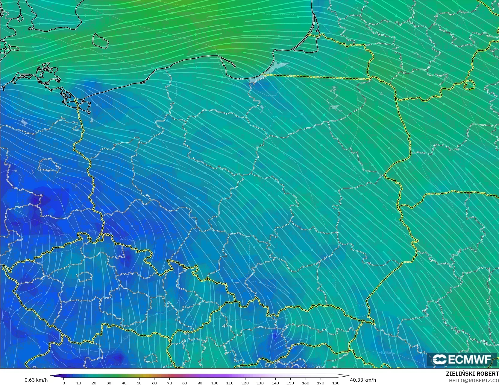 ECMWF IFS 0.25° modelo - Polonia, Viento a 10 m