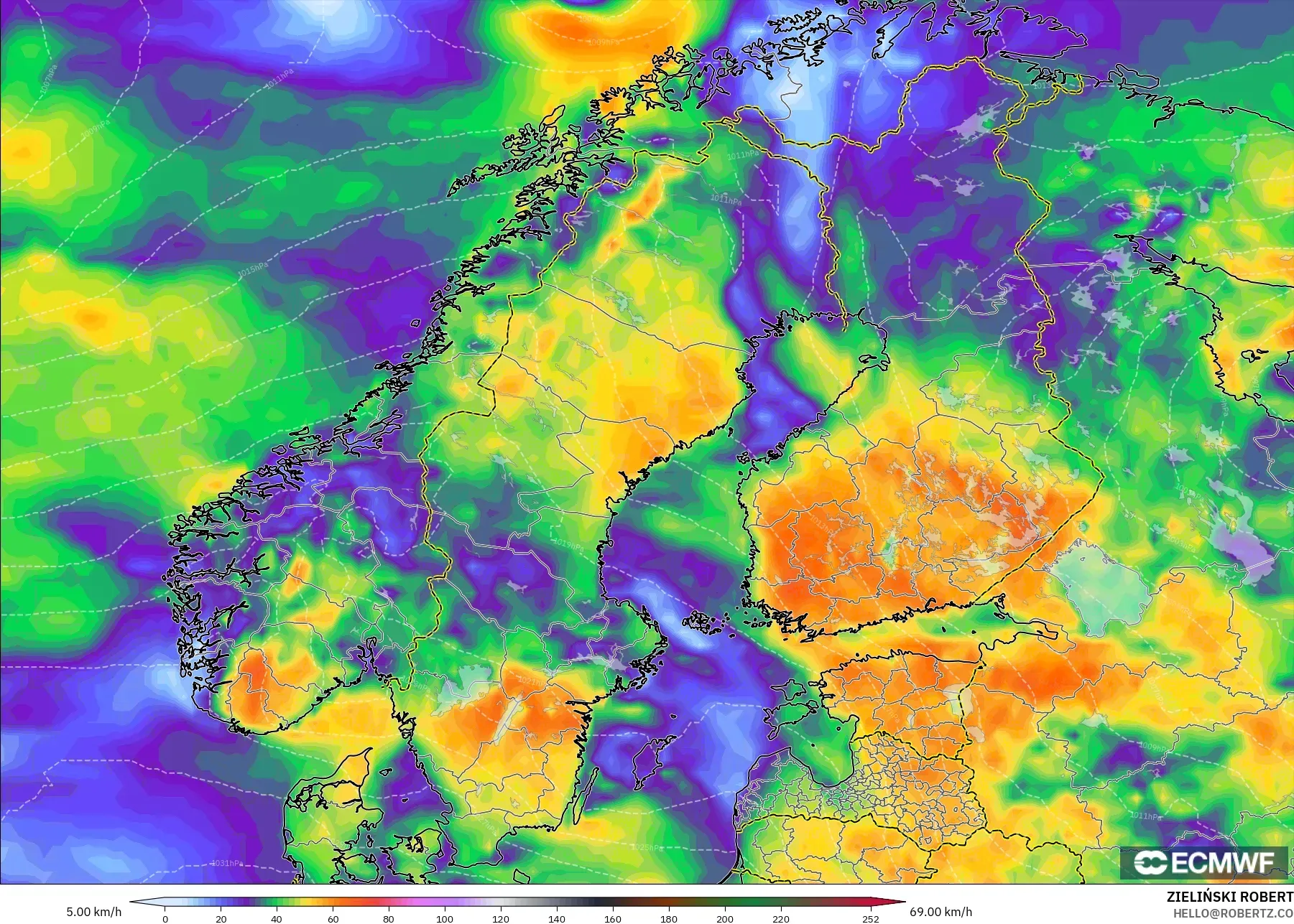 ECMWF IFS 0.25° modelo - Escandinavia, Ráfagas de Viento Máximas