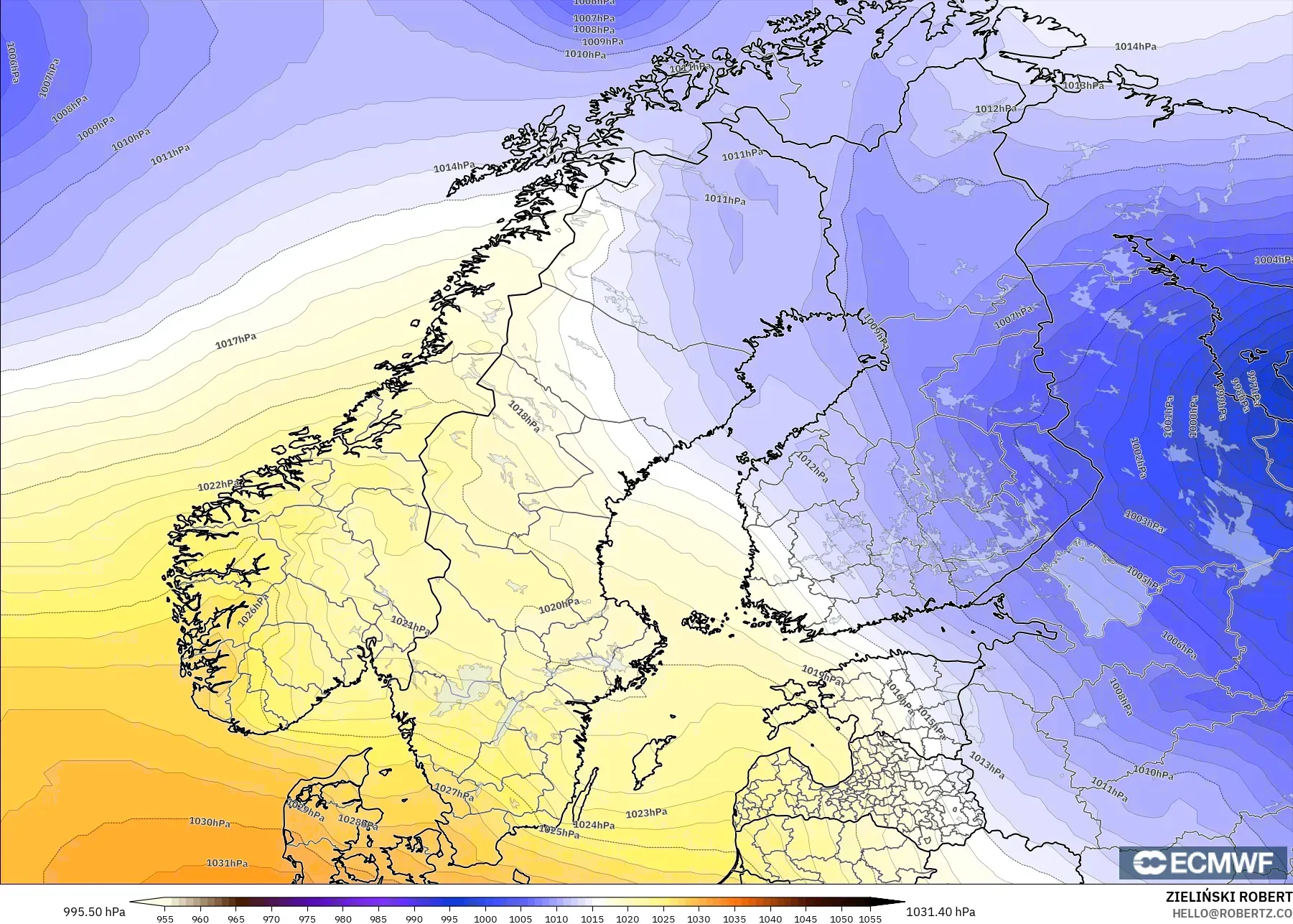 ECMWF IFS 0.25° modelo - Escandinavia, Presión