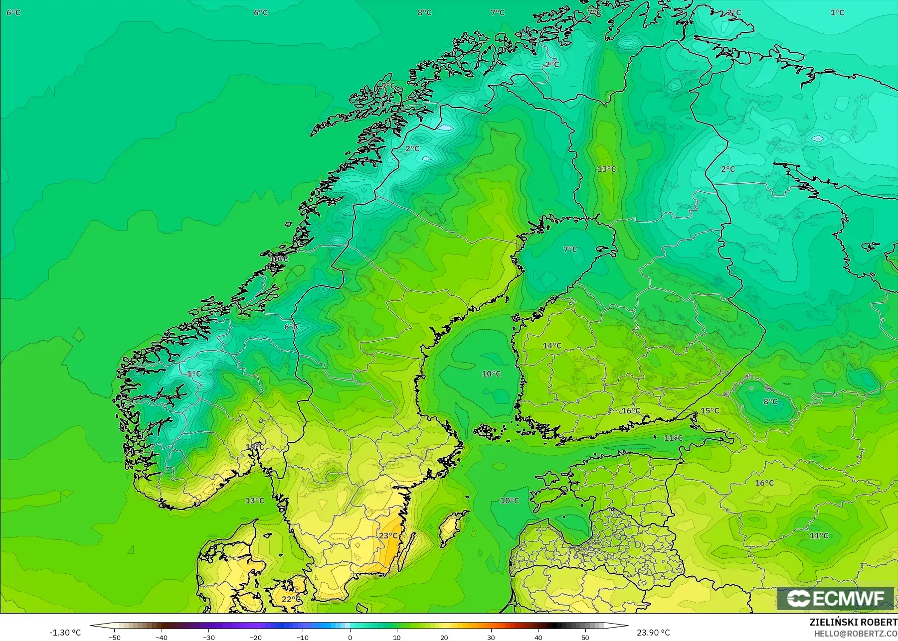 ECMWF IFS 0.25° modelo - Escandinavia, Temperatura a 2 m