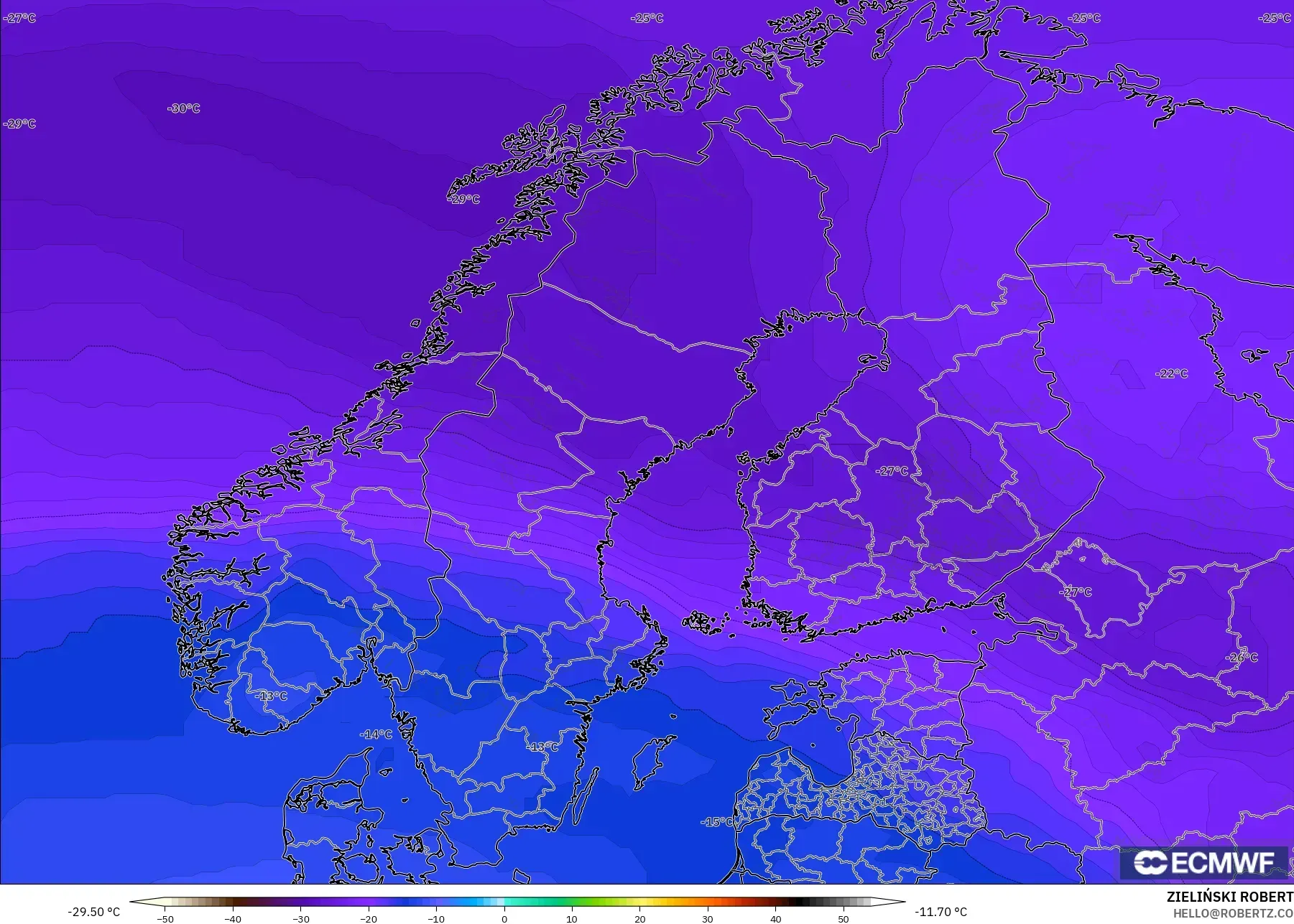 ECMWF IFS 0.25° modelo - Escandinavia, Temperatura a 500 hPa