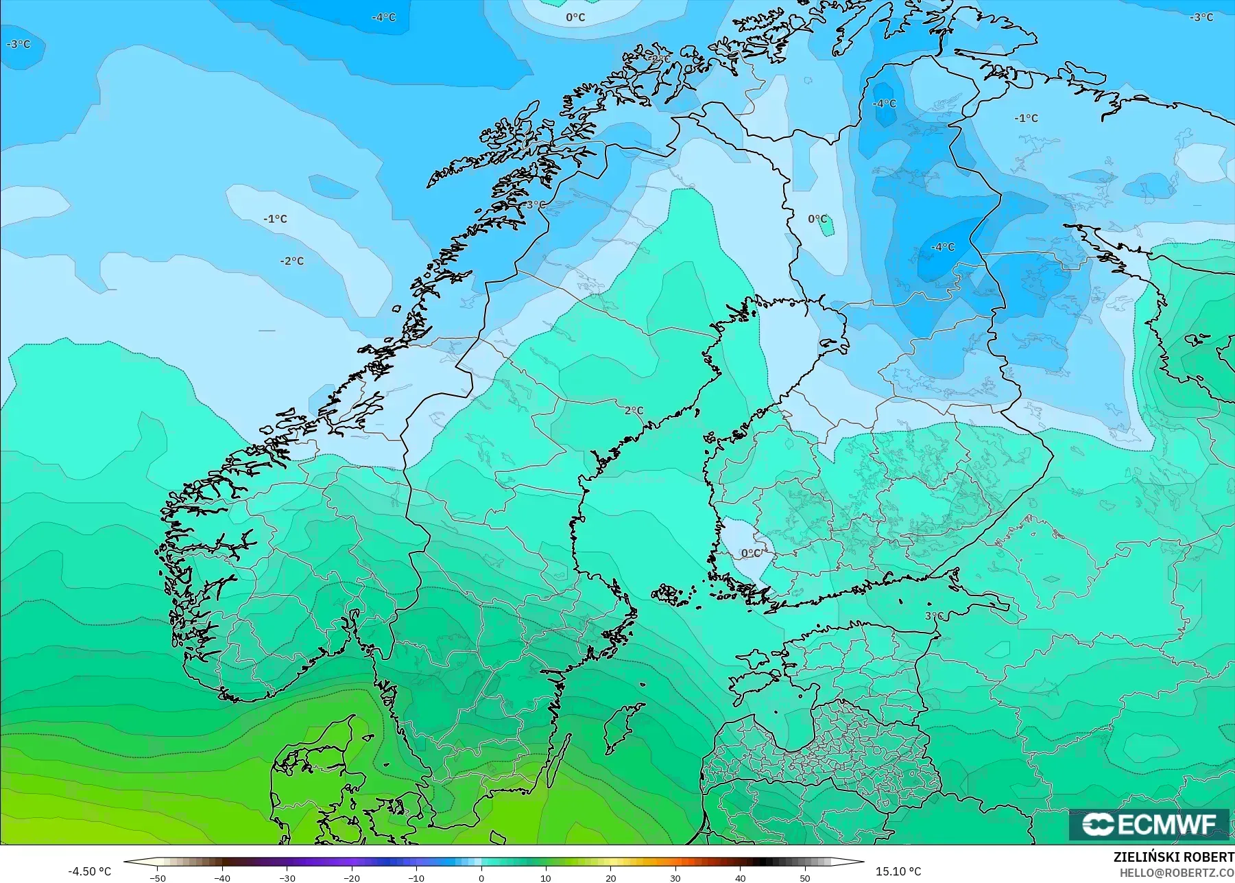 ECMWF IFS 0.25° modelo - Escandinavia, Temperatura a 850 hPa
