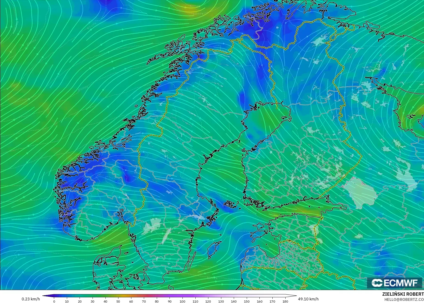 ECMWF IFS 0.25° modelo - Escandinavia, Viento a 10 m