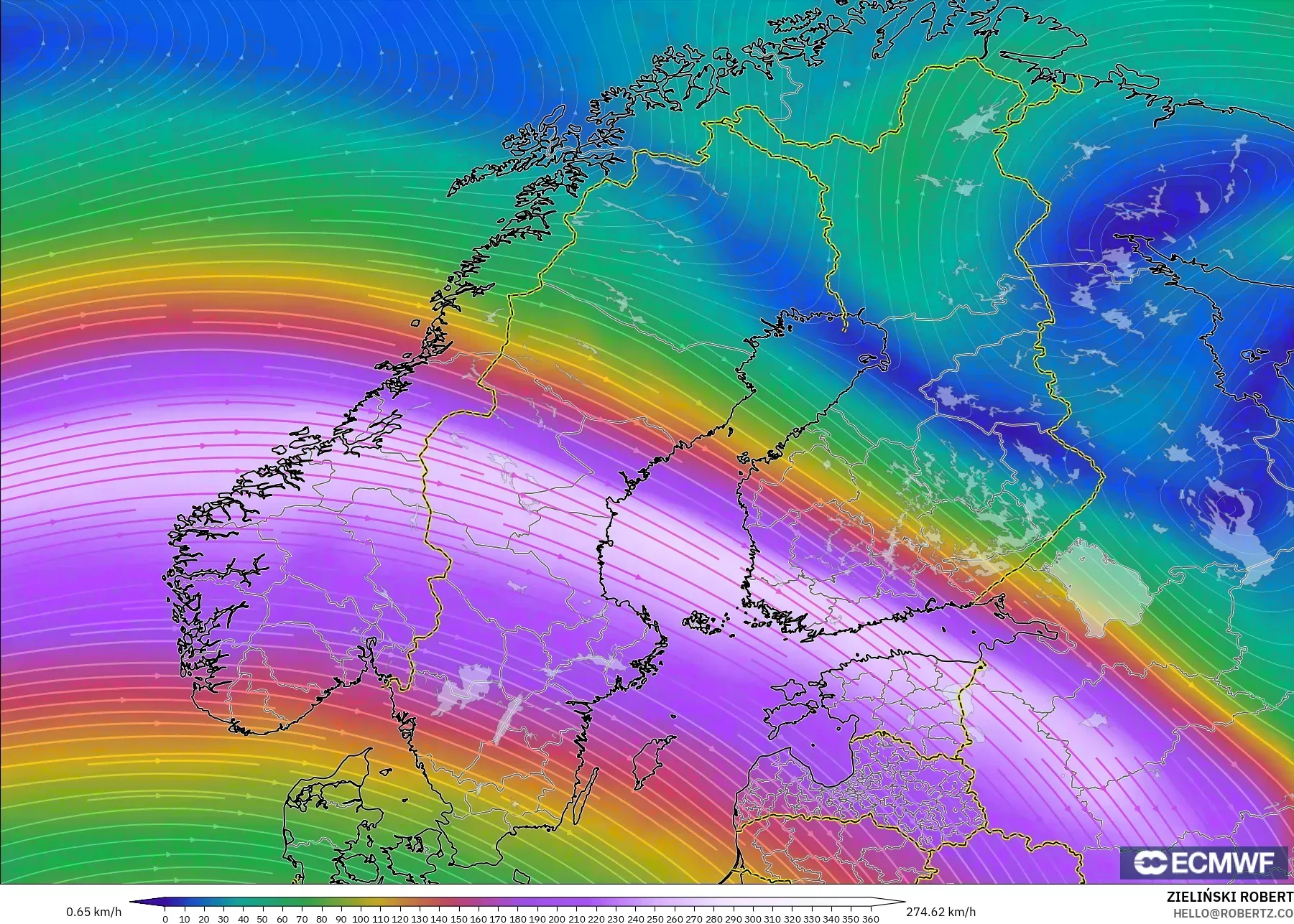ECMWF IFS 0.25° modelo - Escandinavia, Viento a 300 hPa (corriente en chorro)