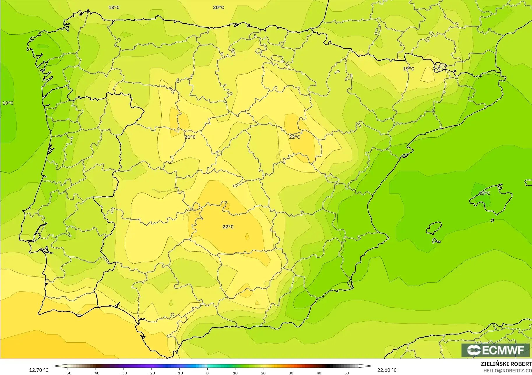 ECMWF IFS 0.25° modelo - España, Temperatura a 850 hPa