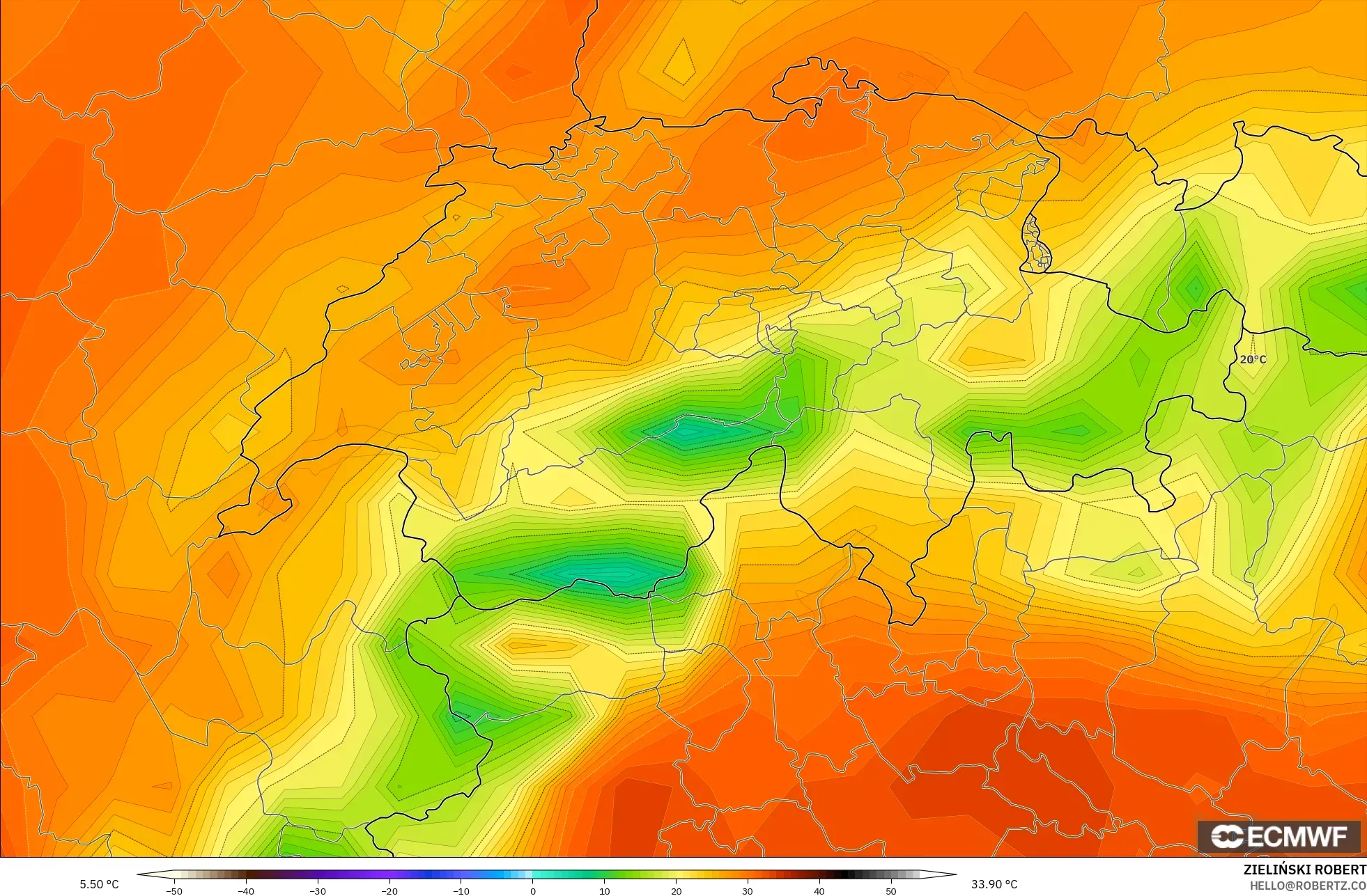 ECMWF IFS 0.25° modelo - Suiza, Temperatura a 2 m