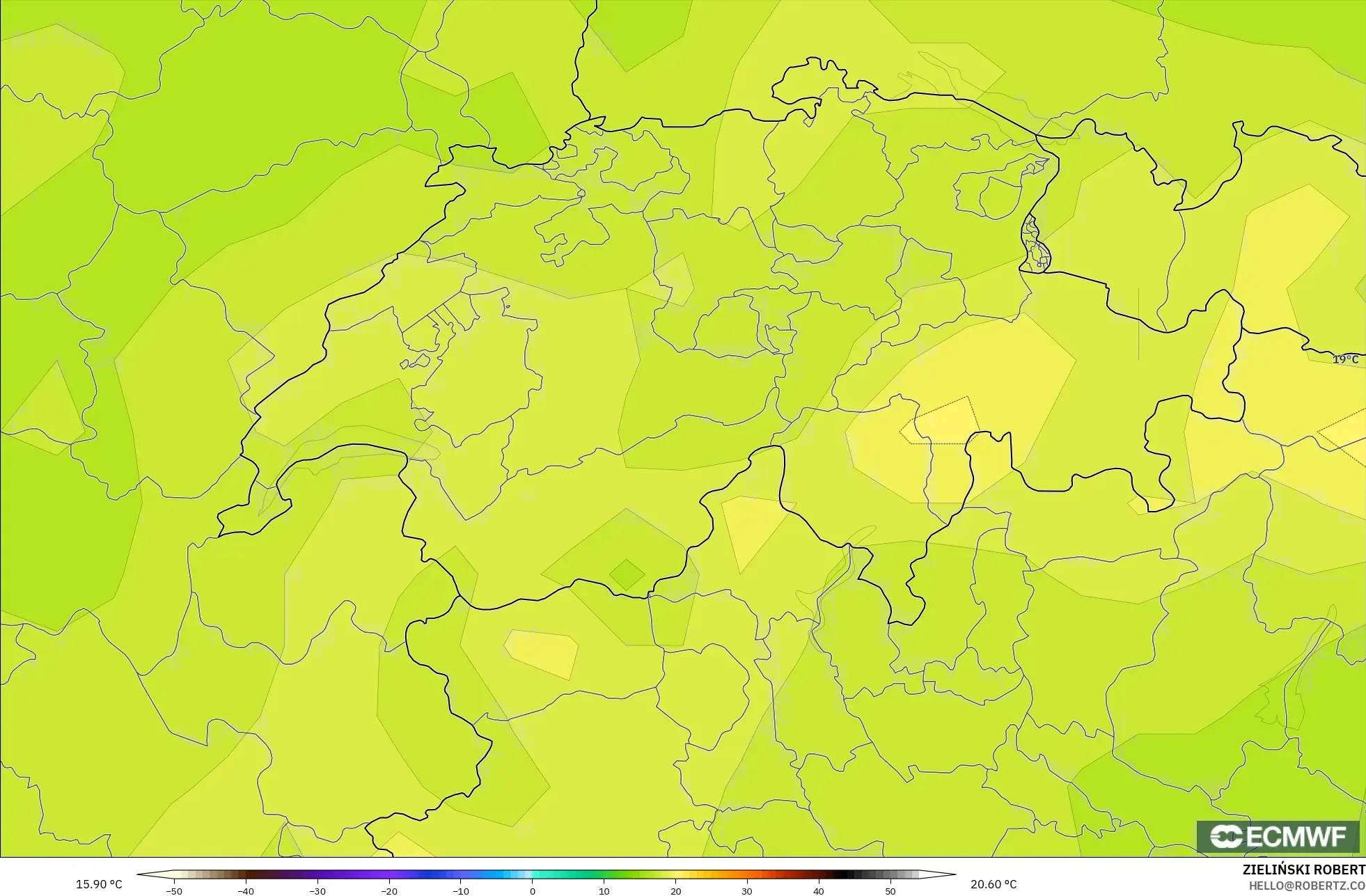 ECMWF IFS 0.25° modelo - Suiza, Temperatura a 850 hPa