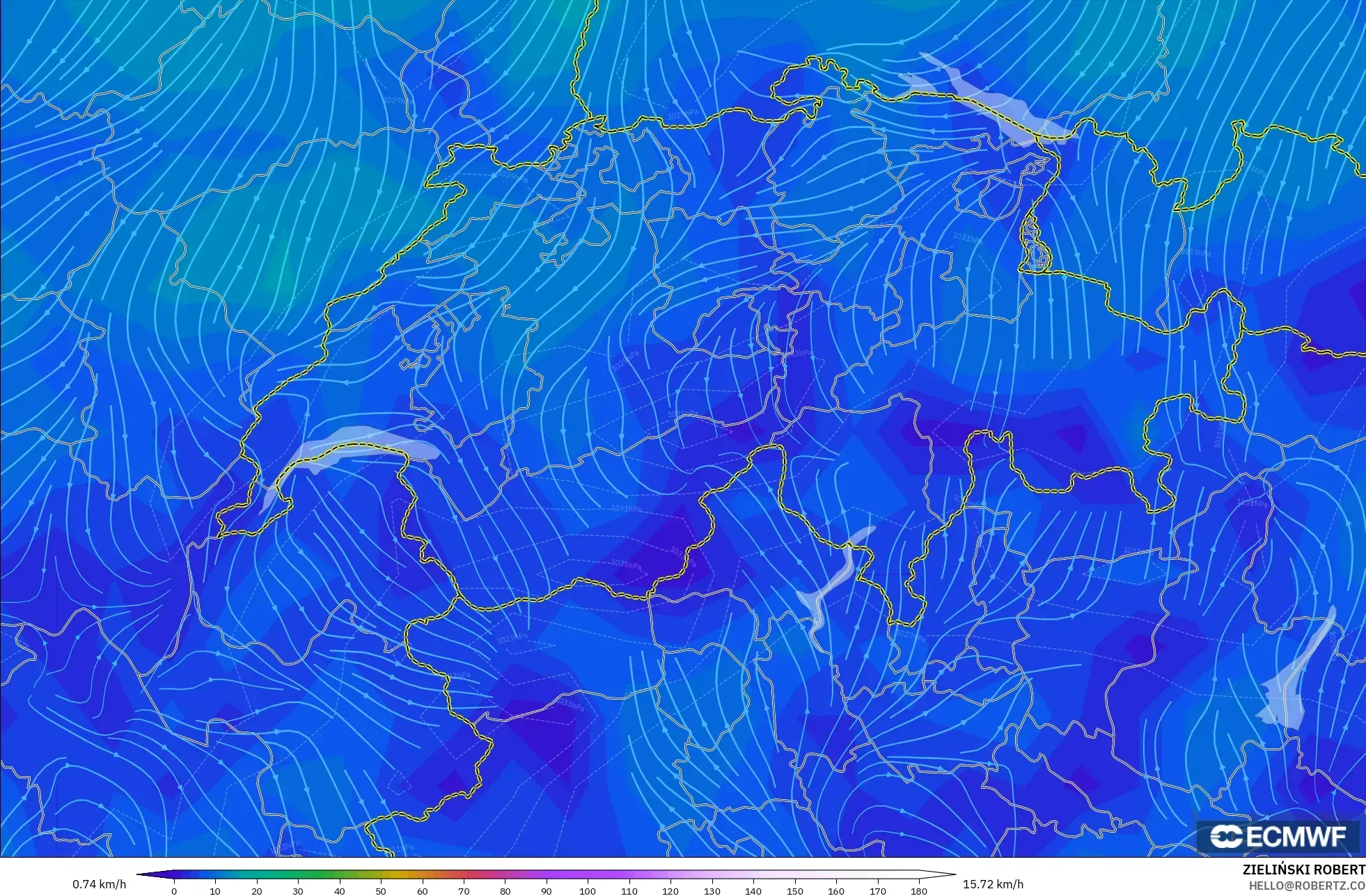 ECMWF IFS 0.25° modelo - Suiza, Viento a 10 m