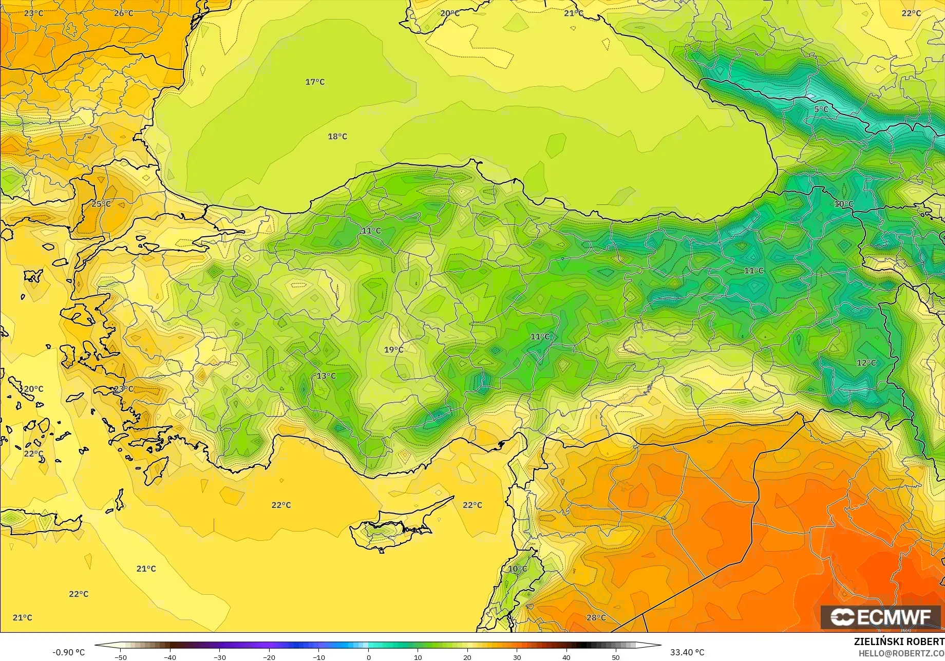 ECMWF IFS 0.25° modelo - Turquía, Temperatura a 2 m