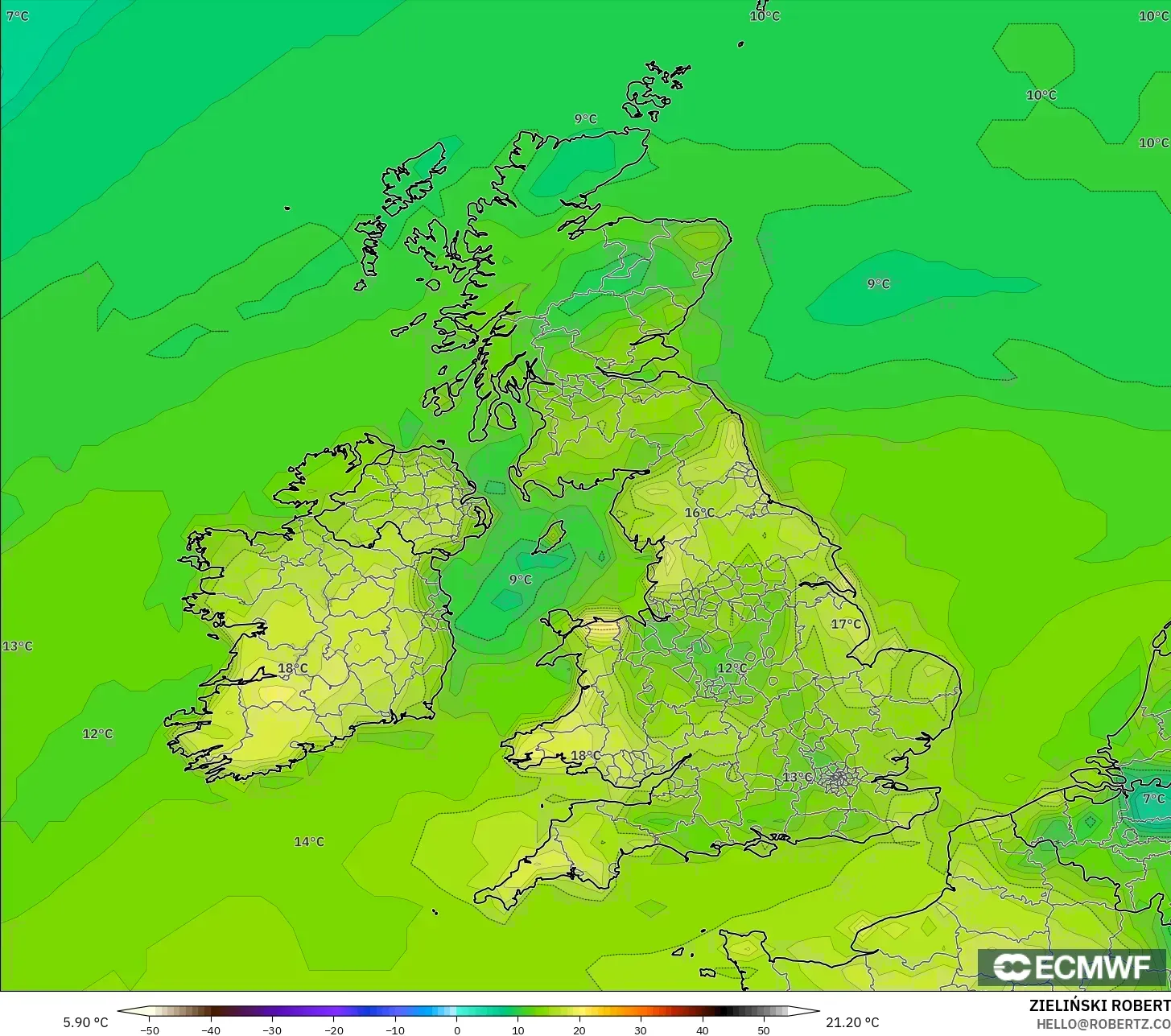 ECMWF IFS 0.25° modelo - Reino Unido, Punto de rocío a 2 m