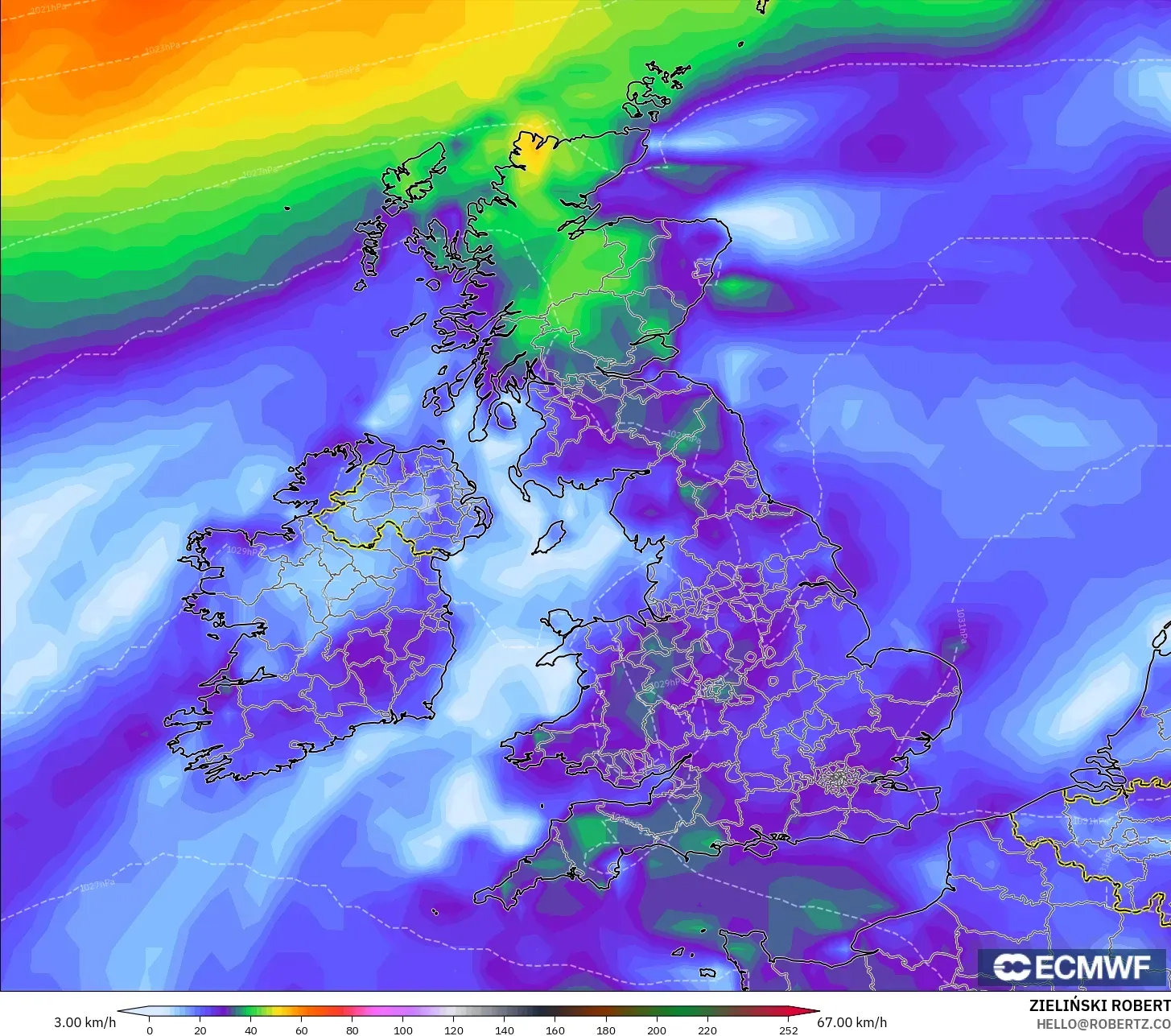 ECMWF IFS 0.25° modelo - Reino Unido, Ráfagas de viento