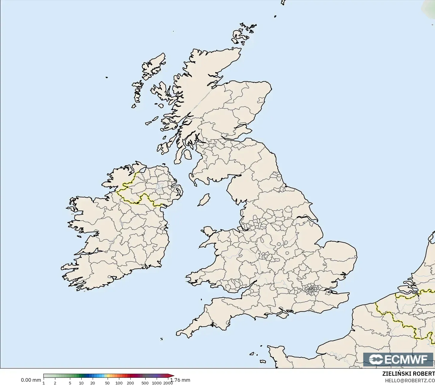 ECMWF IFS 0.25° modelo - Reino Unido, Acumulación de precipitación