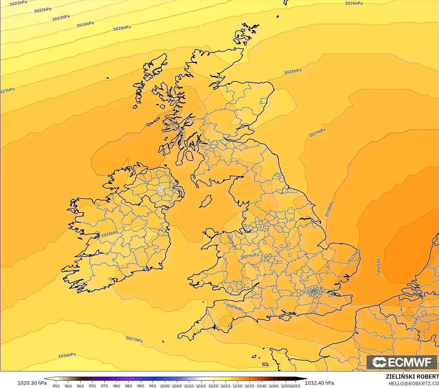 ECMWF IFS 0.25° modelo - Reino Unido, Presión
