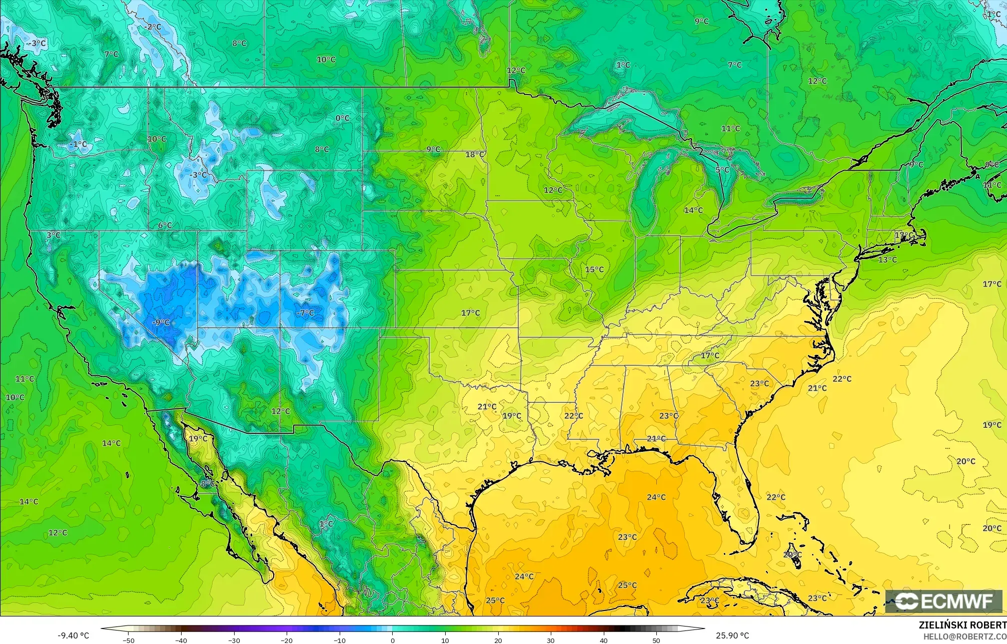 ECMWF IFS 0.25° modelo - Estados Unidos, Punto de rocío a 2 m