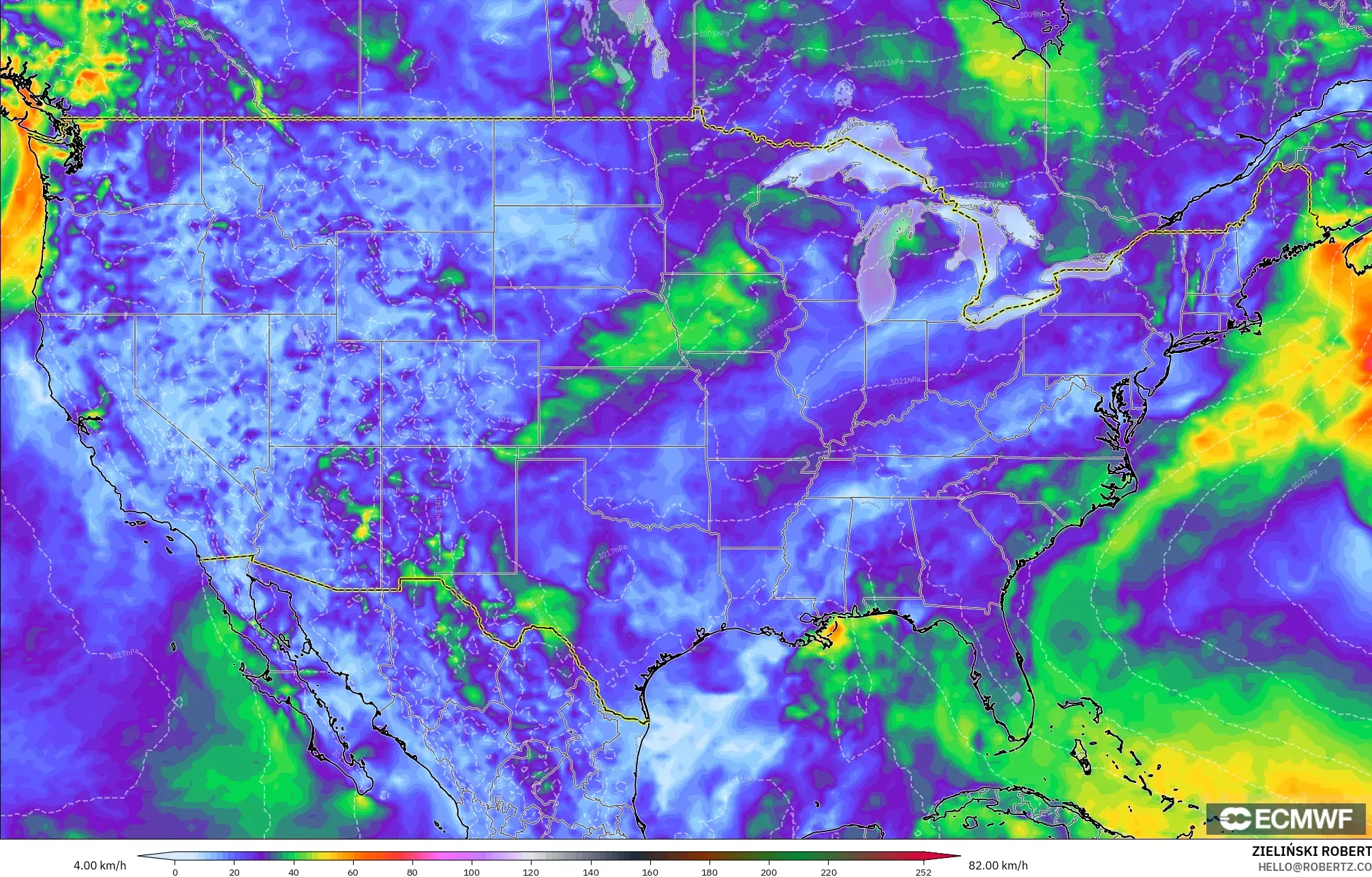 ECMWF IFS 0.25° modelo - Estados Unidos, Ráfagas de viento