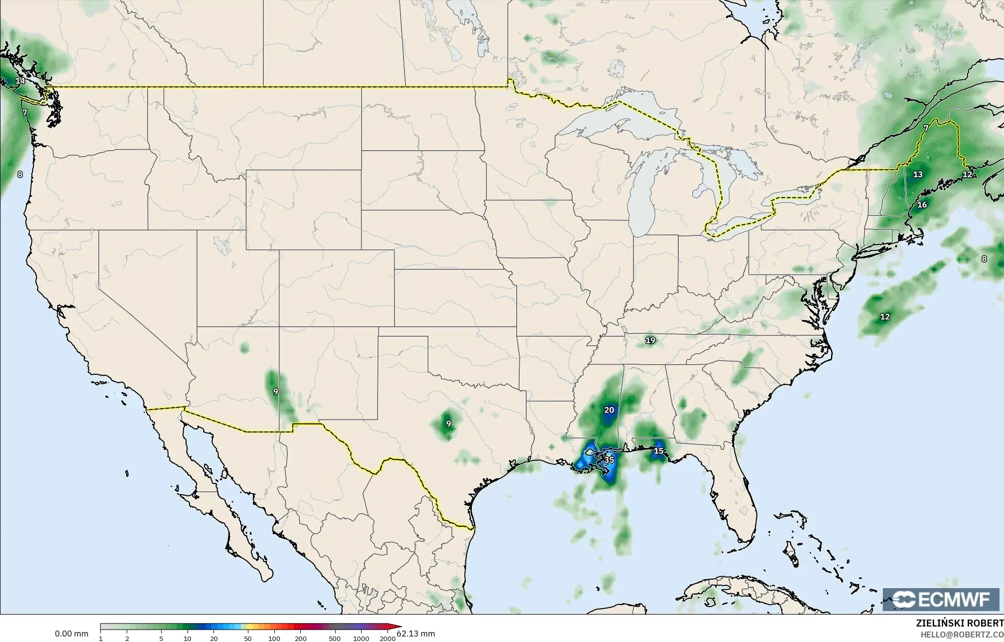 ECMWF IFS 0.25° modelo - Estados Unidos, Acumulación de precipitación