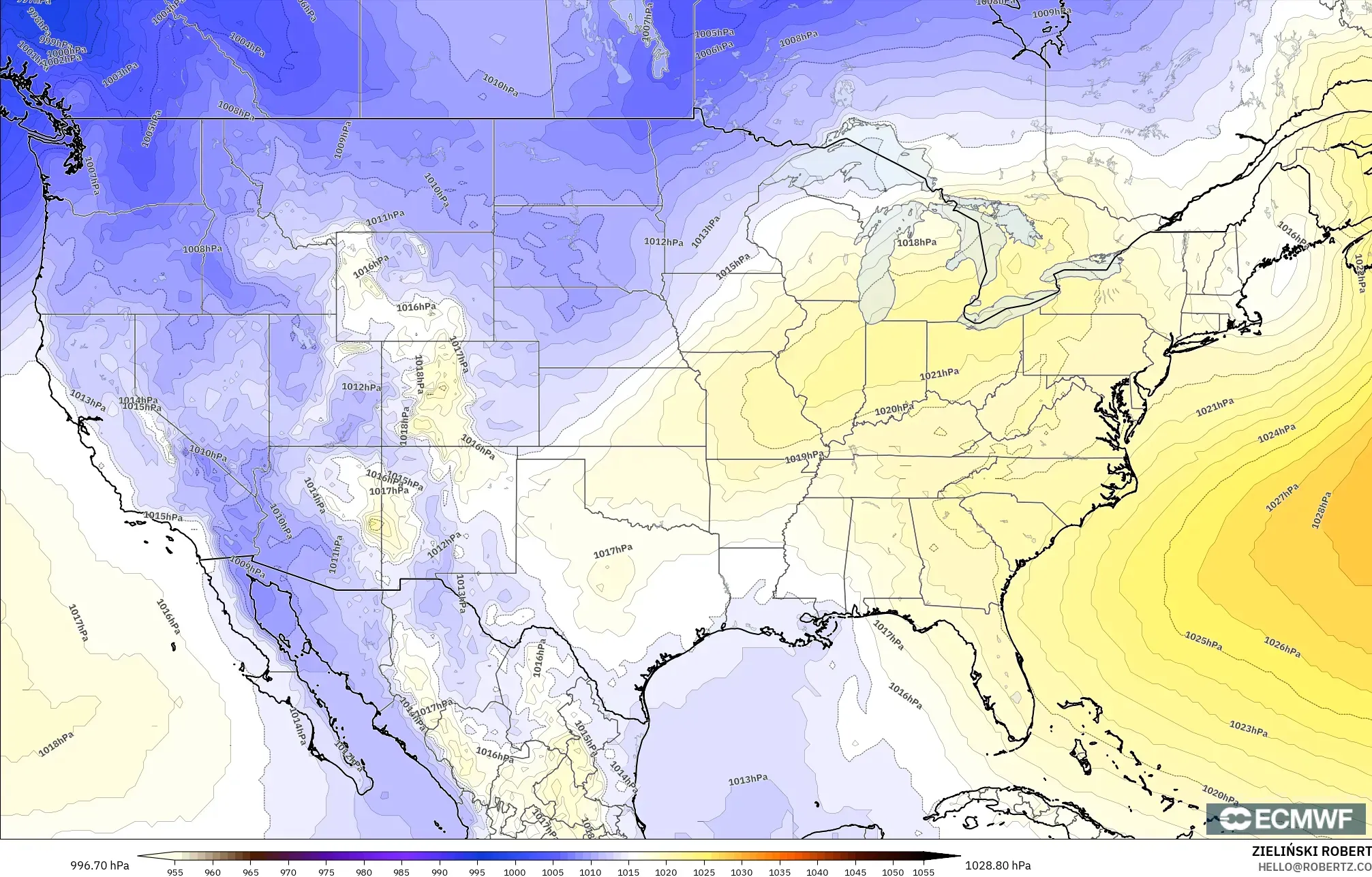 ECMWF IFS 0.25° modelo - Estados Unidos, Presión