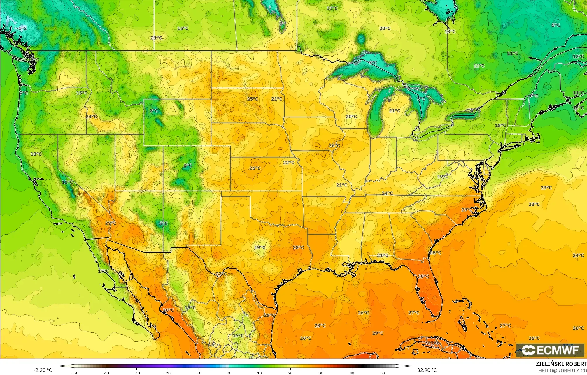 ECMWF IFS 0.25° modelo - Estados Unidos, Temperatura a 2 m
