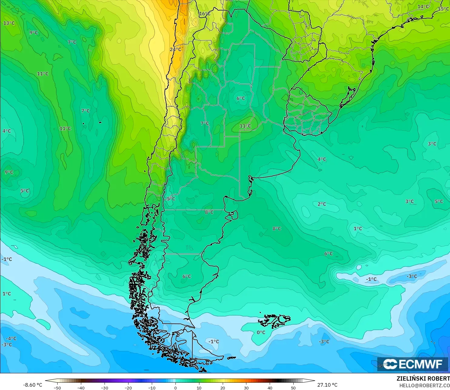 ECMWF IFS 0.25° modelo - Argentina, Temperatura a 850 hPa