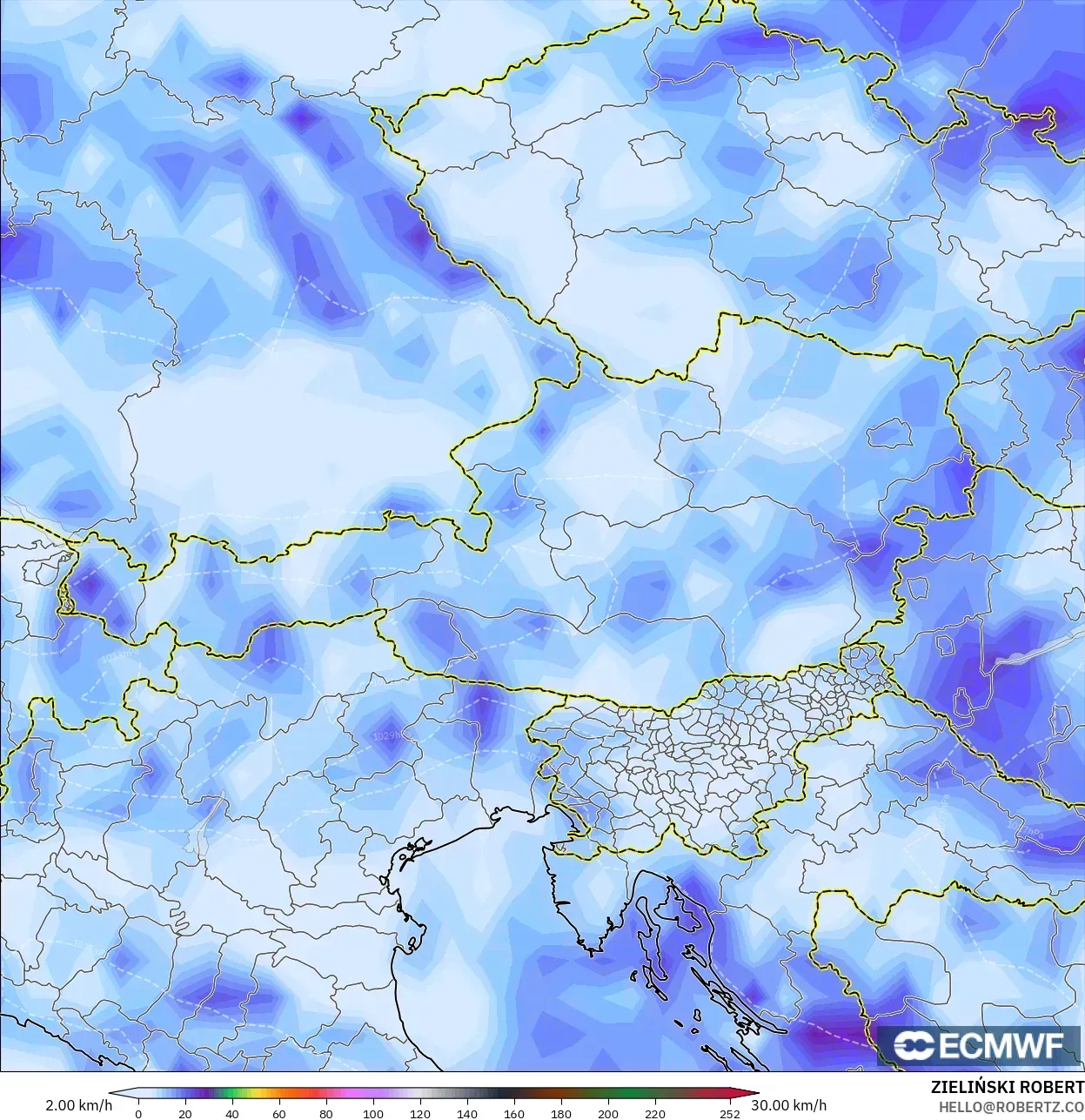ECMWF IFS 0.25° modelo - Austria, Ráfagas de Viento Máximas