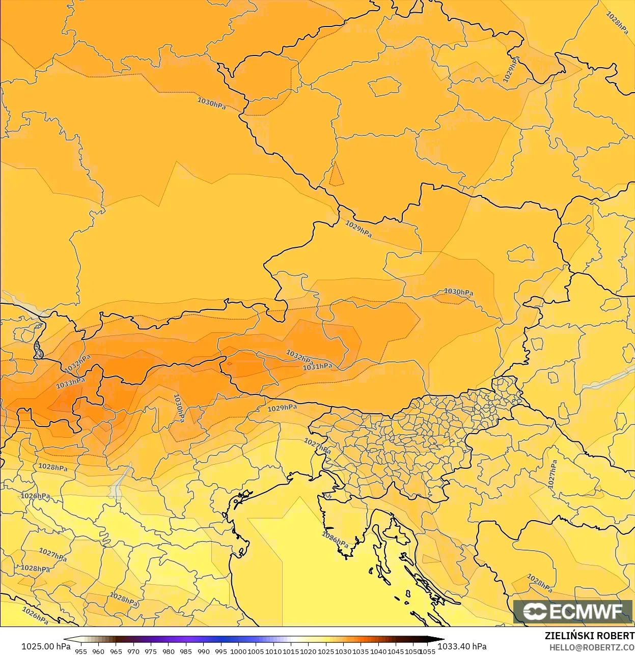 ECMWF IFS 0.25° modelo - Austria, Presión