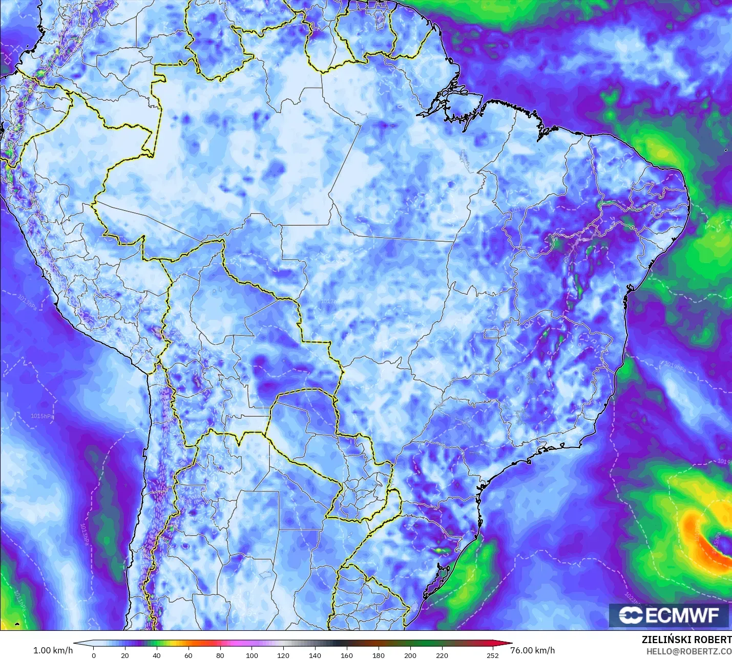 ECMWF IFS 0.25° modelo - Brasil, Ráfagas de Viento Máximas