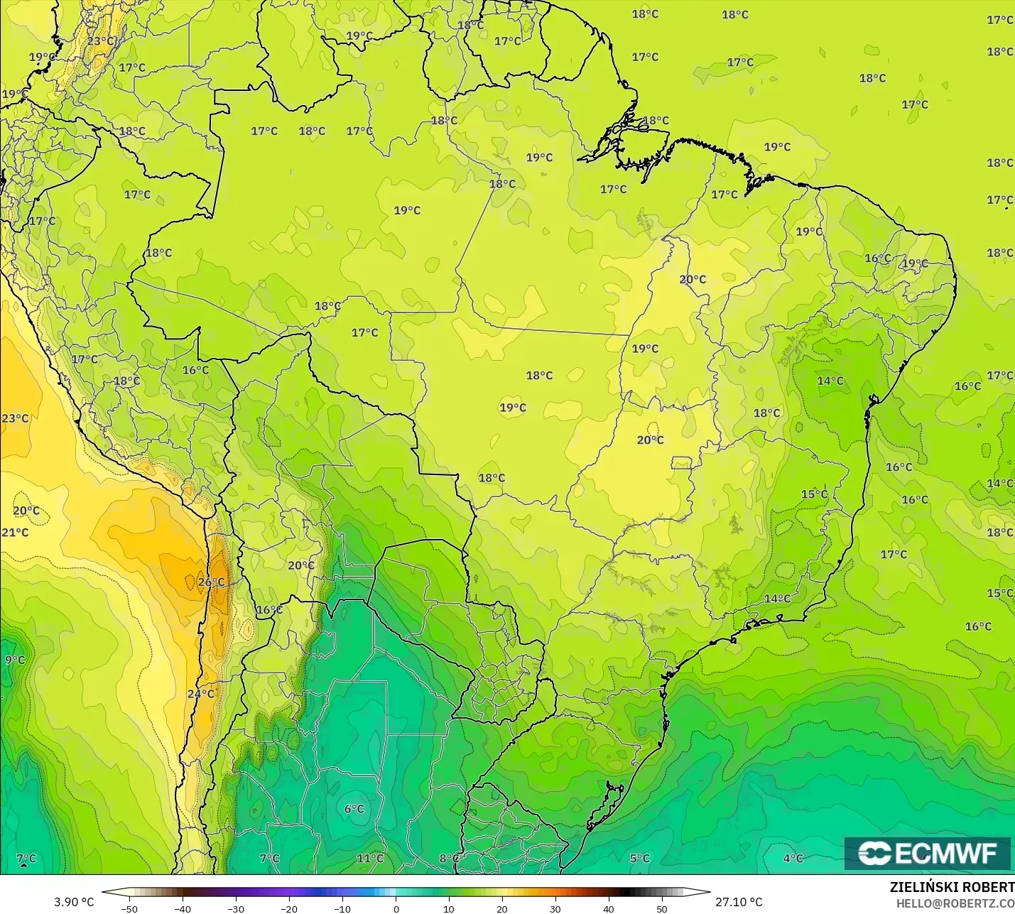 ECMWF IFS 0.25° modelo - Brasil, Temperatura a 850 hPa