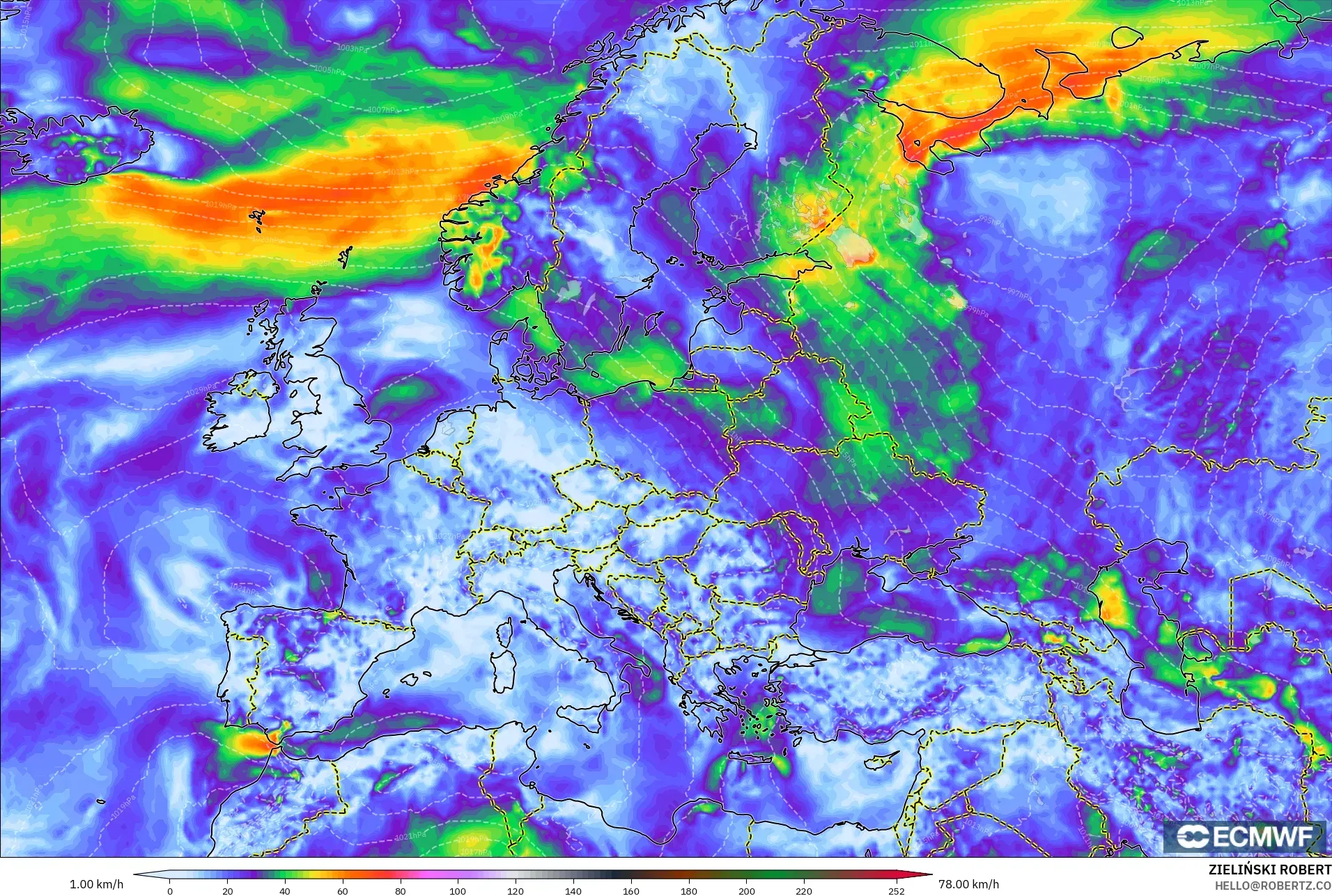 ECMWF IFS 0.25° modelo - Europa, Ráfagas de viento