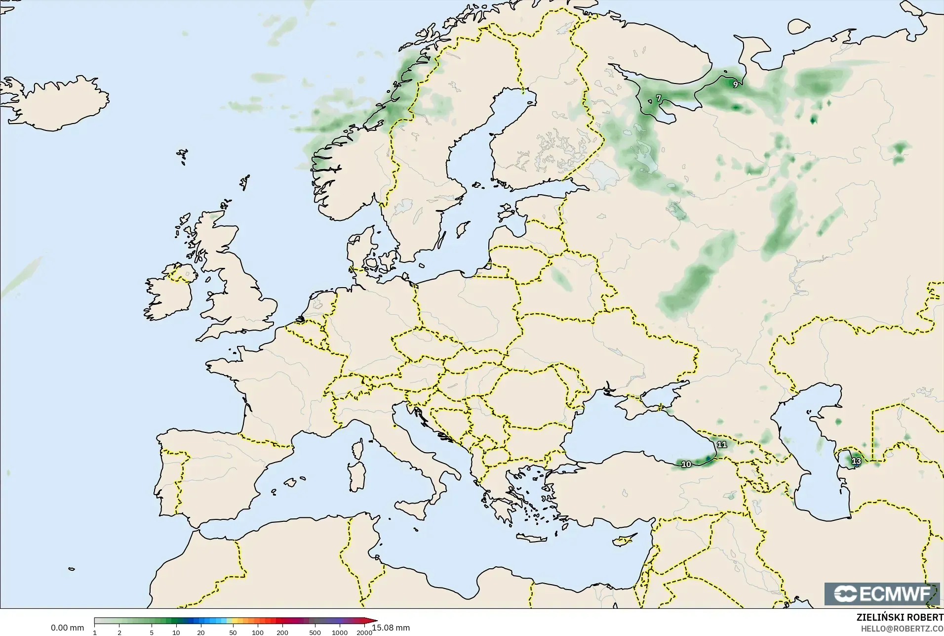 ECMWF IFS 0.25° modelo - Europa, Acumulación de precipitación