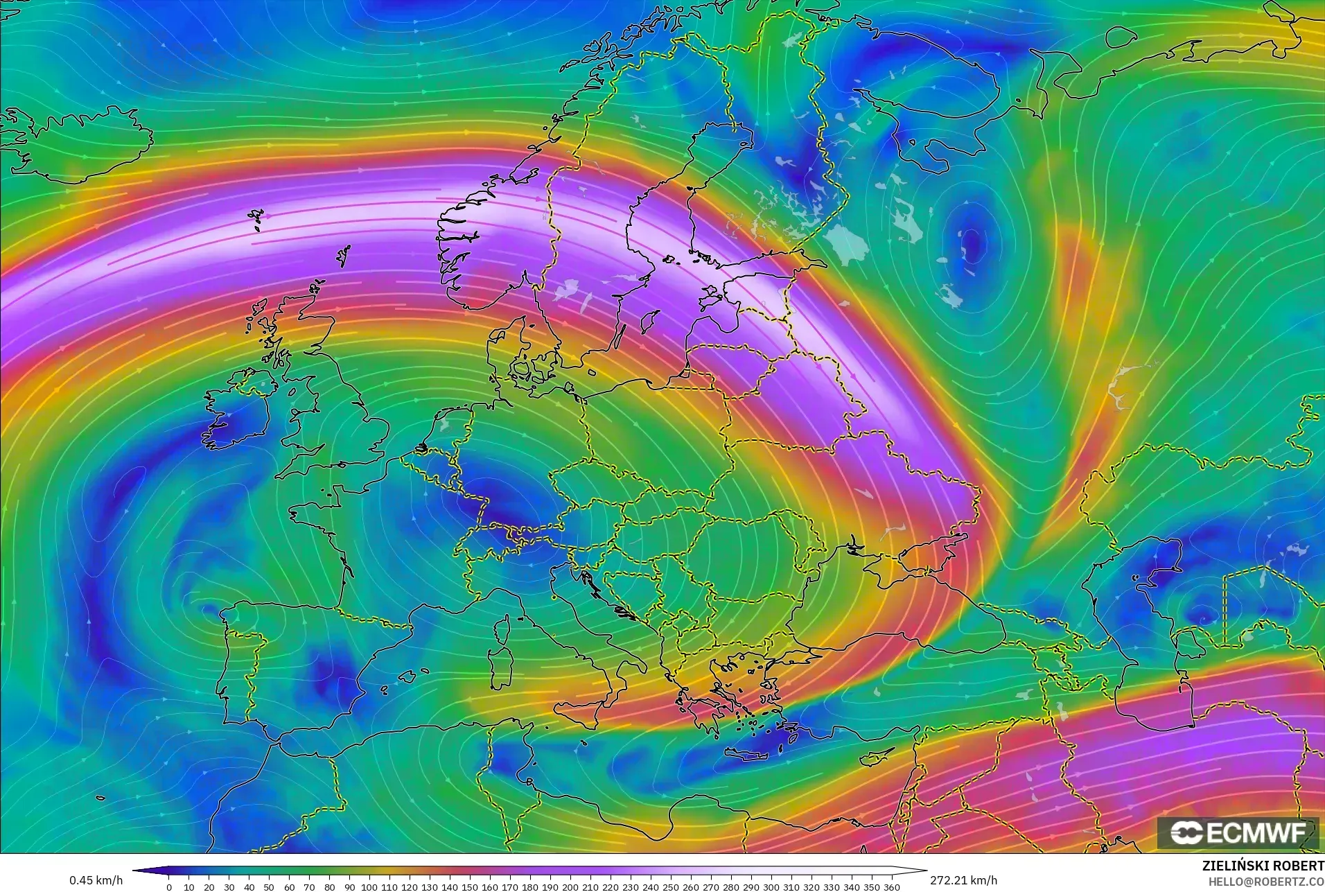 ECMWF IFS 0.25° modelo - Europa, Viento a 300 hPa (corriente en chorro)