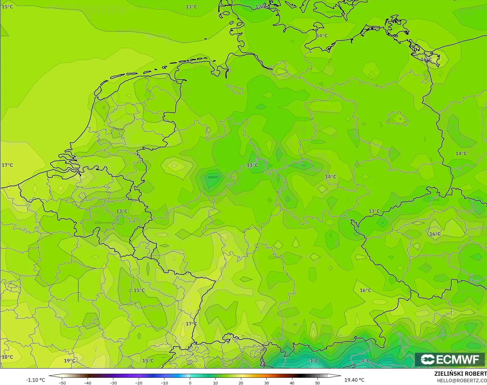 ECMWF IFS 0.25° modelo - Alemania, Temperatura a 2 m
