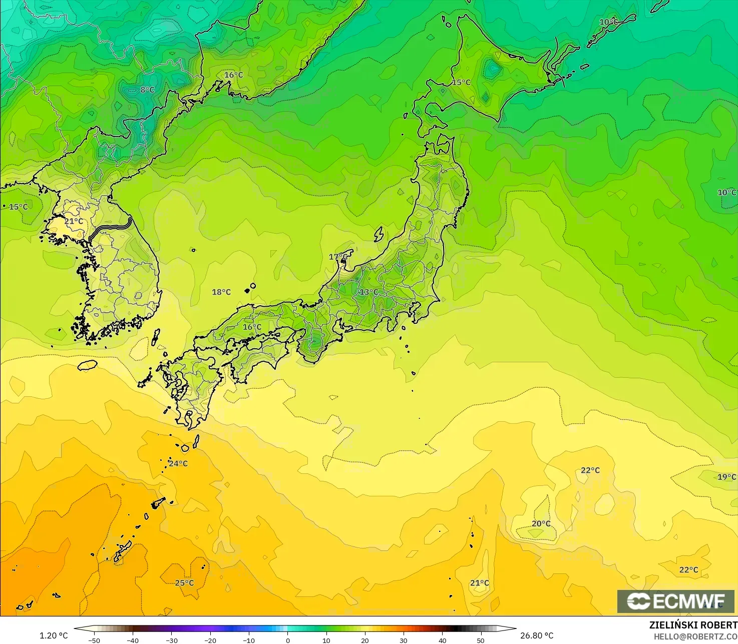 ECMWF IFS 0.25° modelo - Japón, Punto de rocío a 2 m