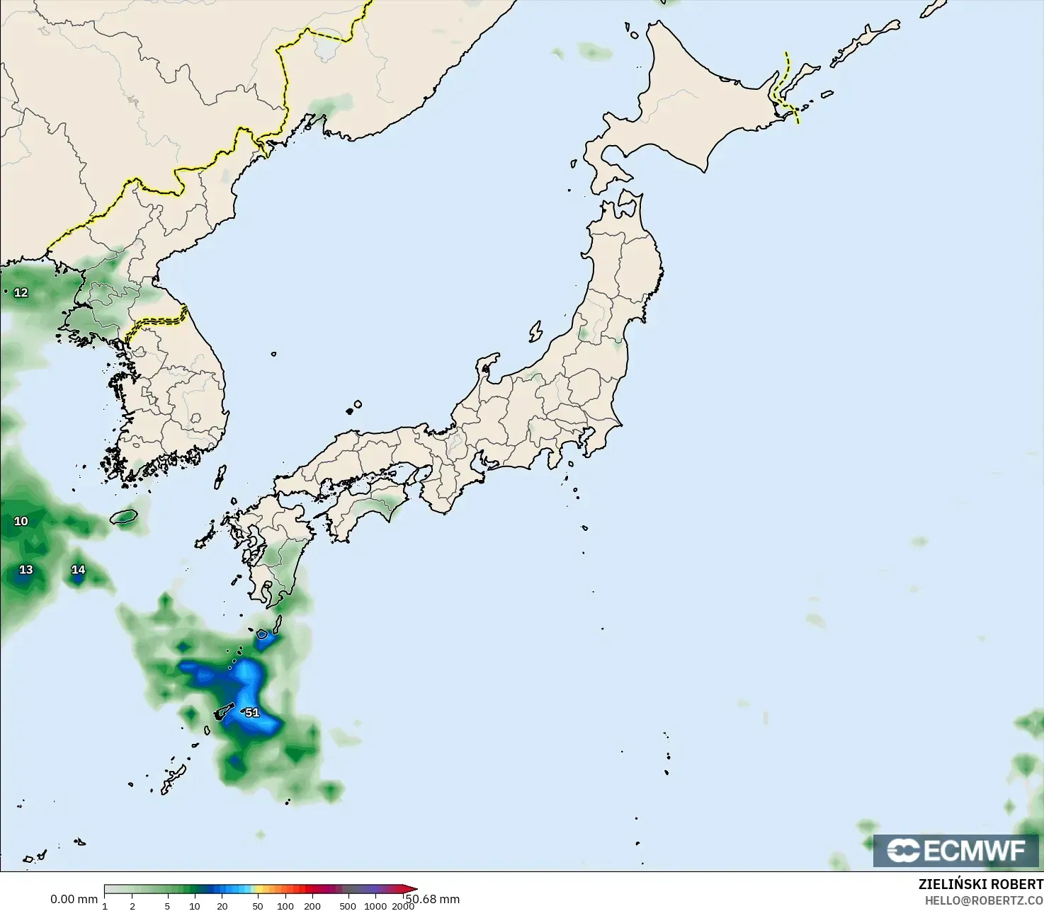 ECMWF IFS 0.25° modelo - Japón, Acumulación de precipitación