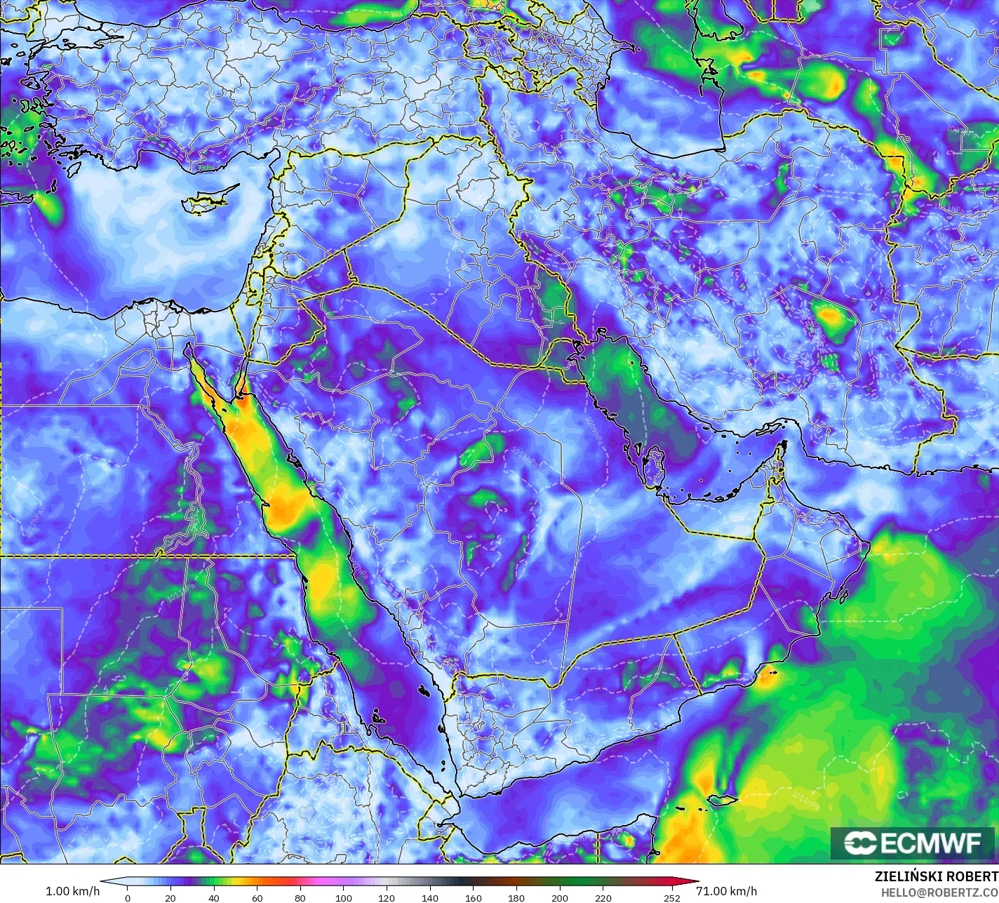 ECMWF IFS 0.25° modelo - Oriente Medio, Ráfagas de Viento Máximas