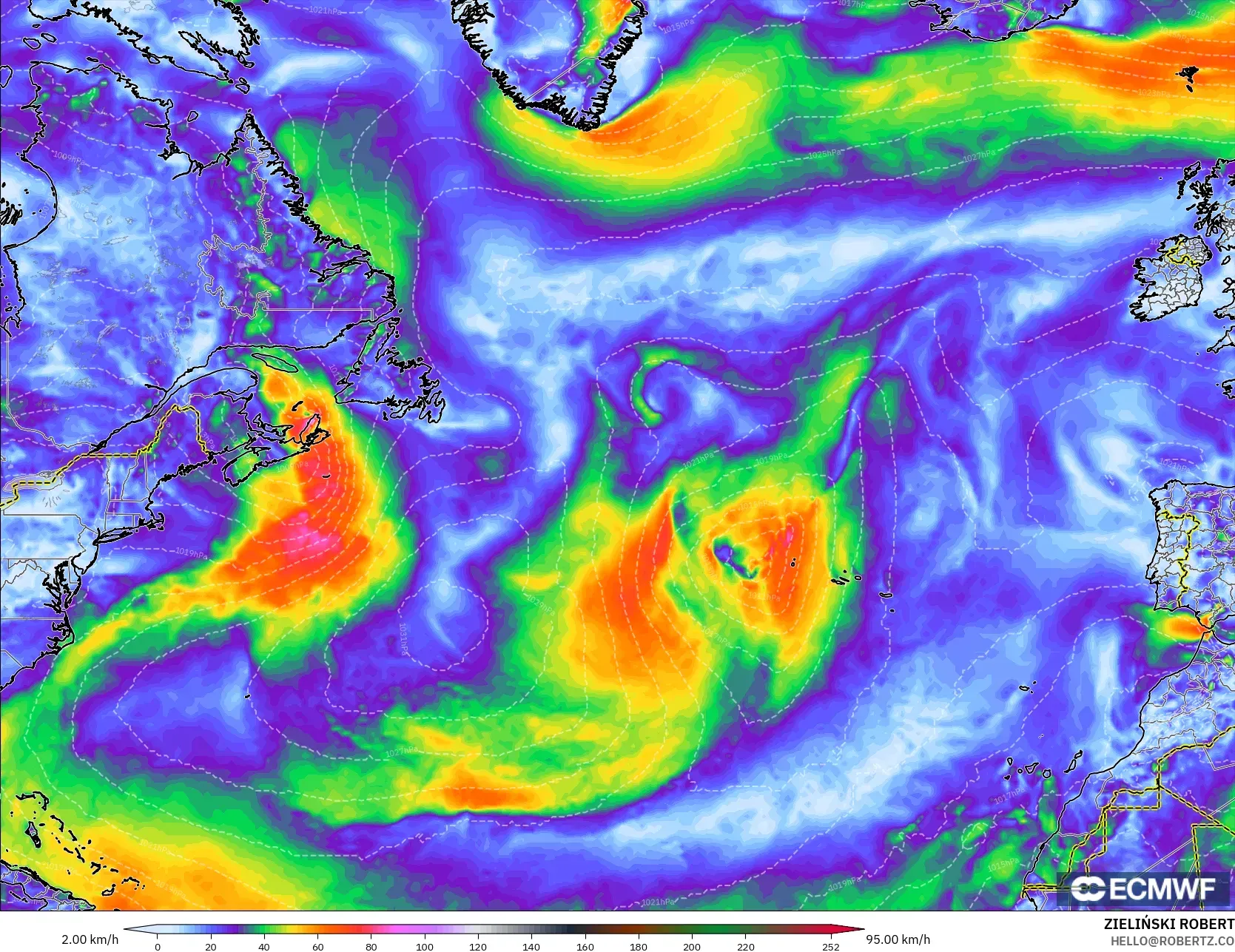 ECMWF IFS 0.25° modelo - Norte Atlántico, Ráfagas de viento