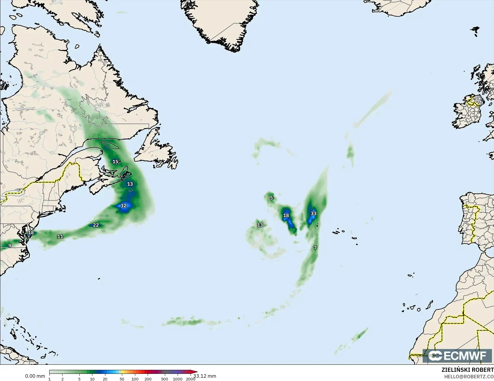 ECMWF IFS 0.25° modelo - Norte Atlántico, Acumulación de precipitación