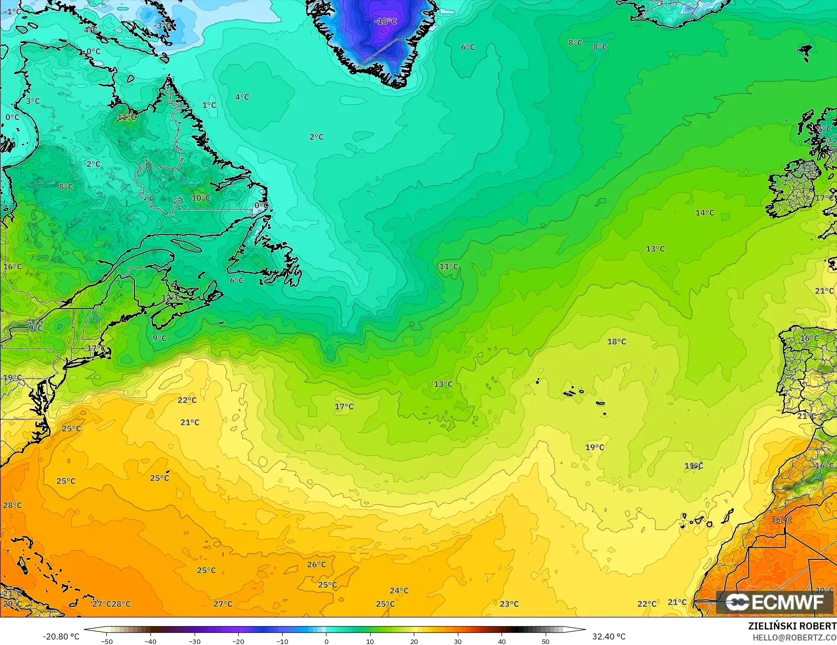 ECMWF IFS 0.25° modelo - Norte Atlántico, Temperatura a 2 m