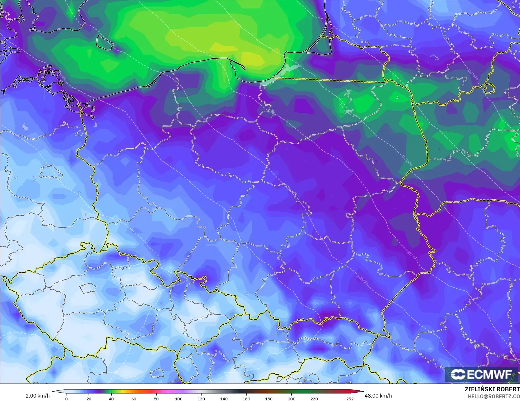 ECMWF IFS 0.25° modelo - Polonia, Ráfagas de Viento Máximas