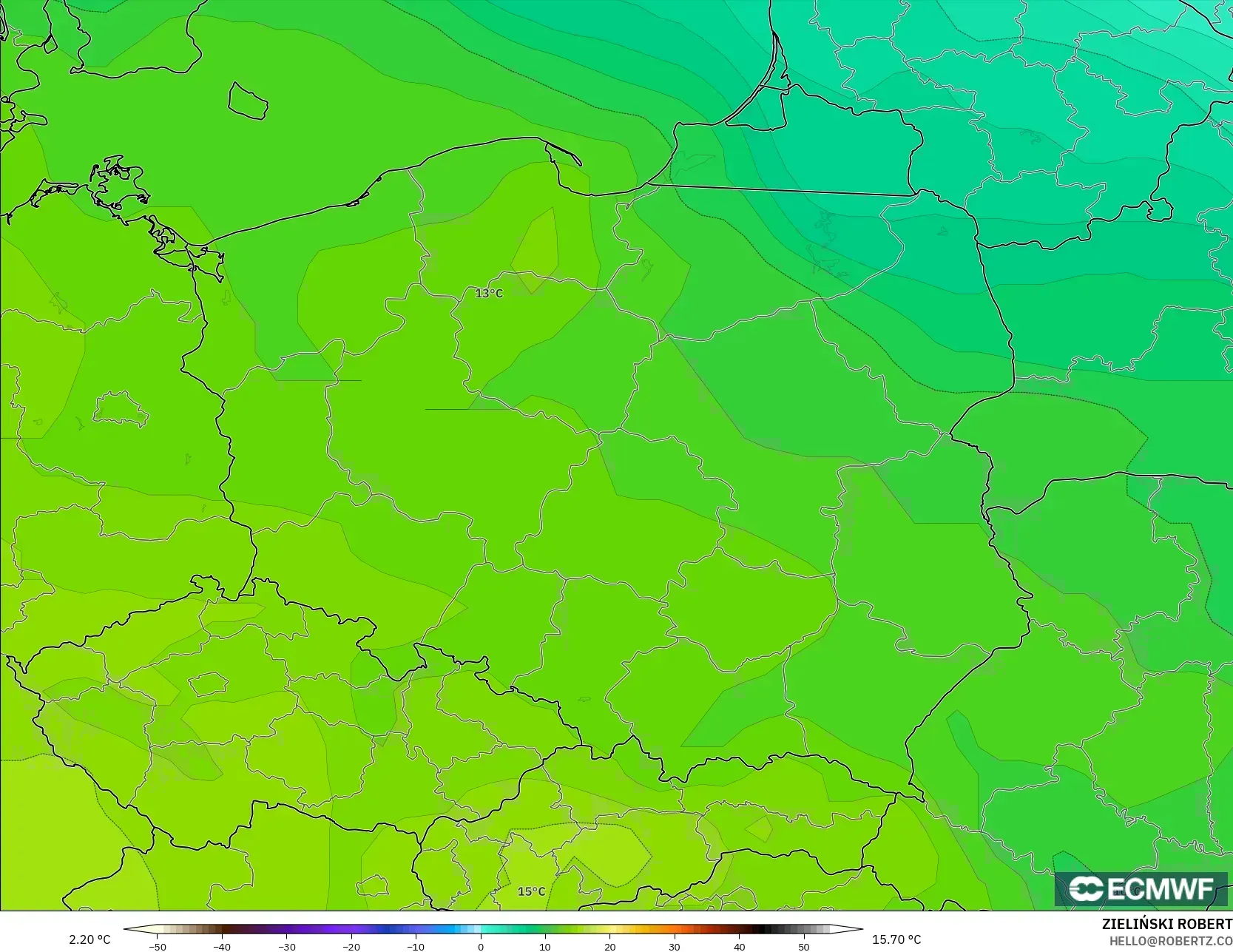 ECMWF IFS 0.25° modelo - Polonia, Temperatura a 850 hPa