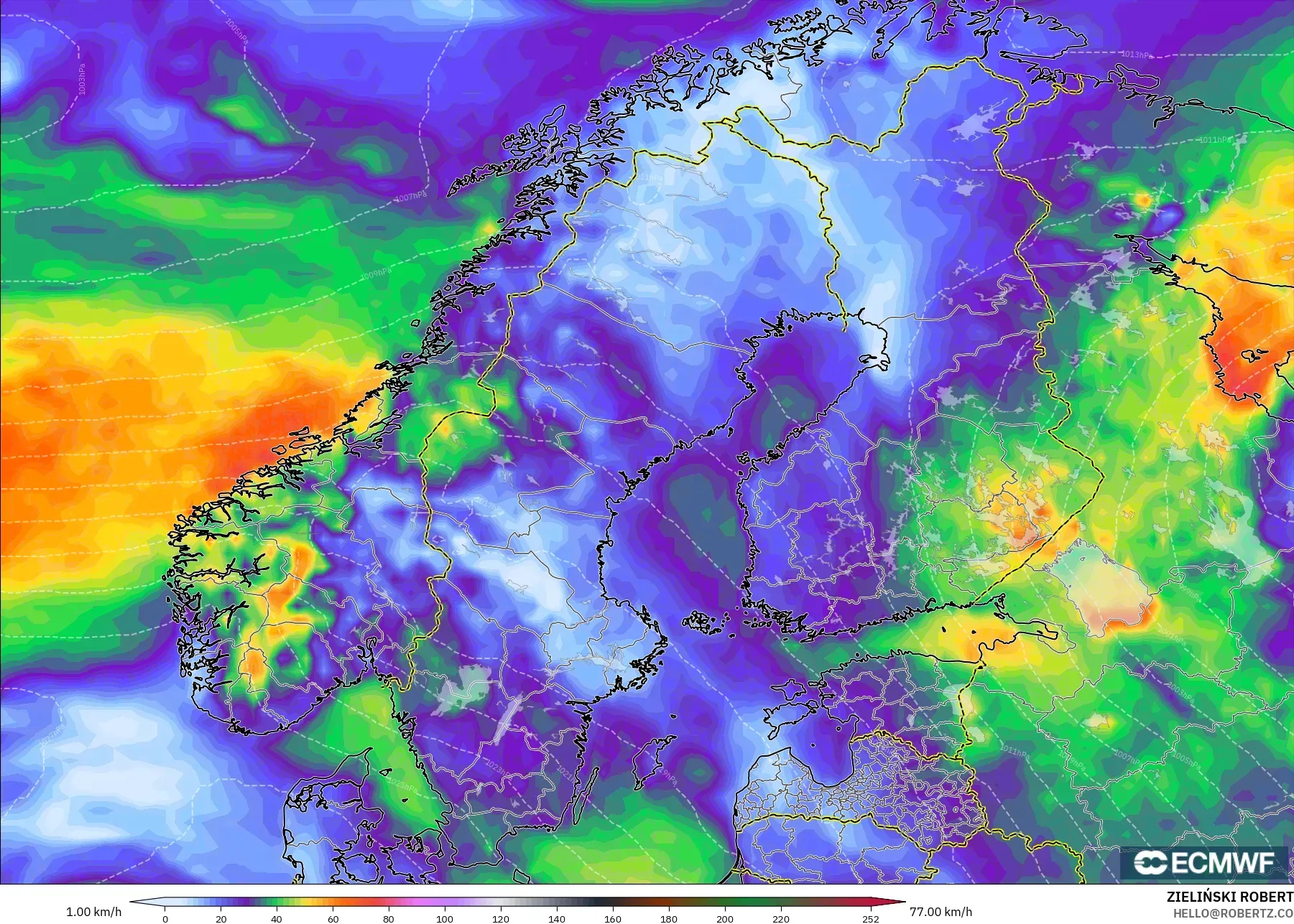 ECMWF IFS 0.25° modelo - Escandinavia, Ráfagas de viento