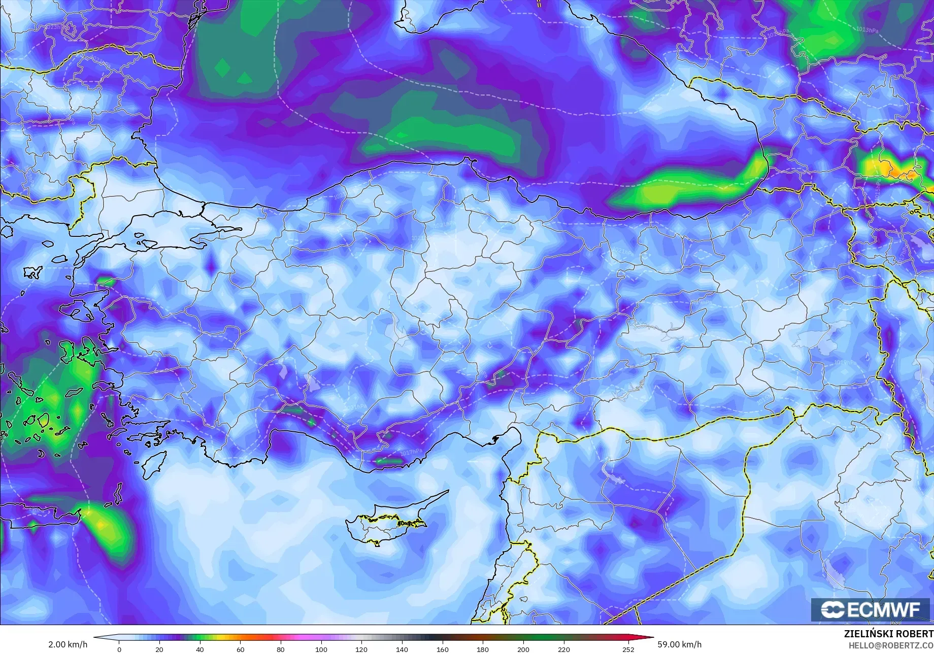 ECMWF IFS 0.25° modelo - Turquía, Ráfagas de Viento Máximas