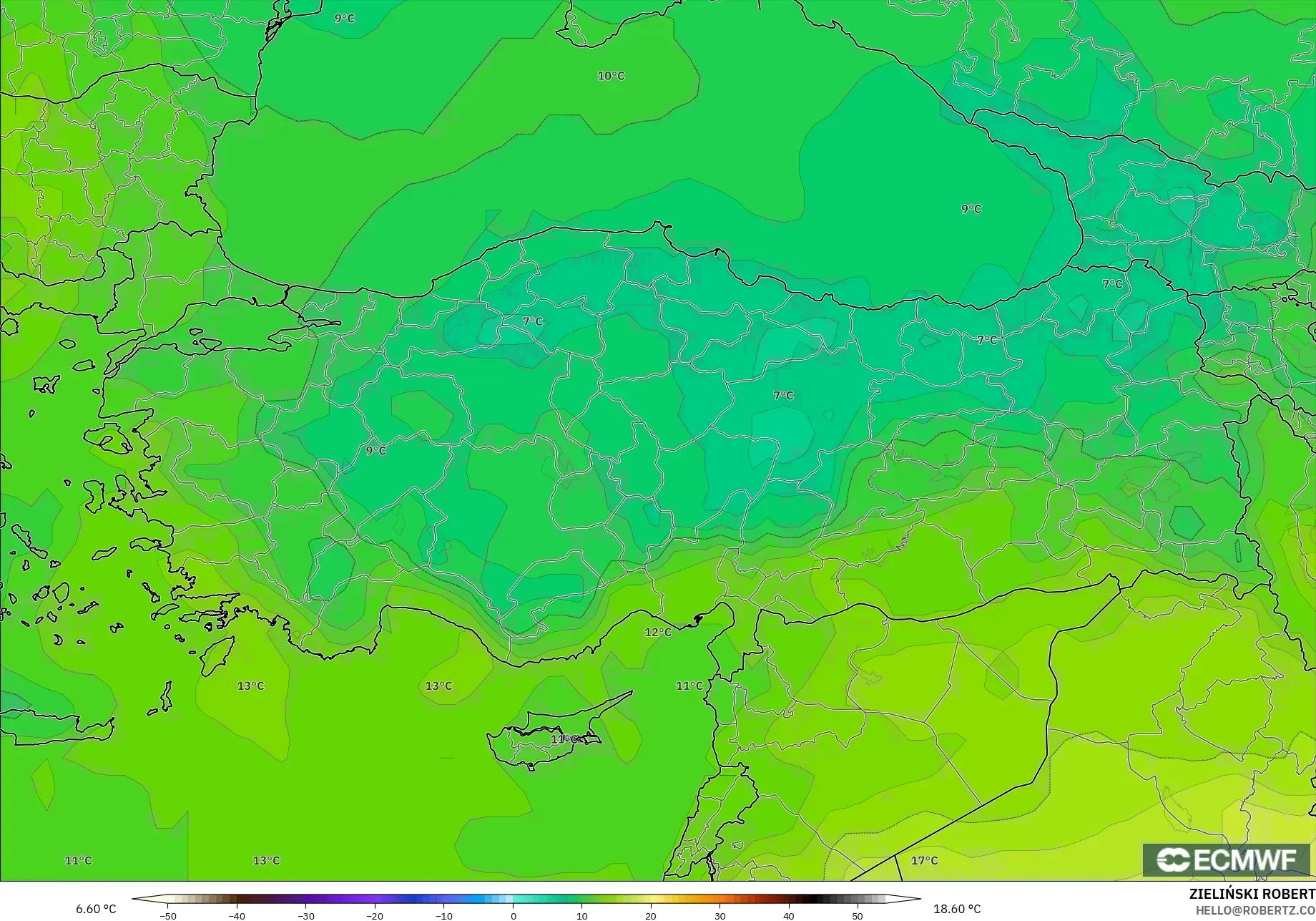 ECMWF IFS 0.25° modelo - Turquía, Temperatura a 850 hPa