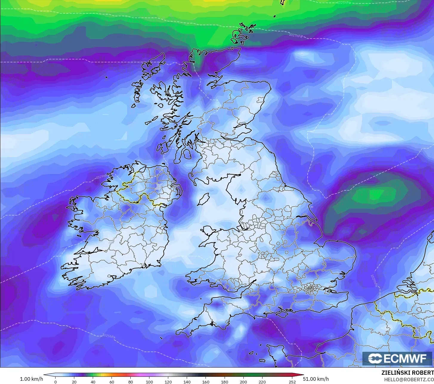 ECMWF IFS 0.25° modelo - Reino Unido, Ráfagas de Viento Máximas