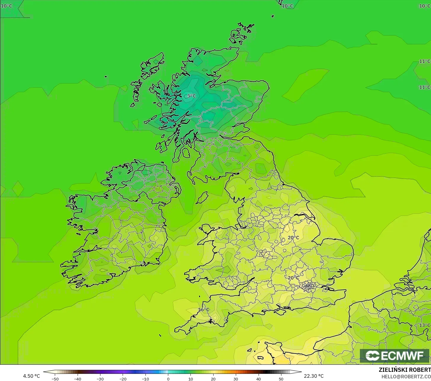 ECMWF IFS 0.25° modelo - Reino Unido, Temperatura a 2 m