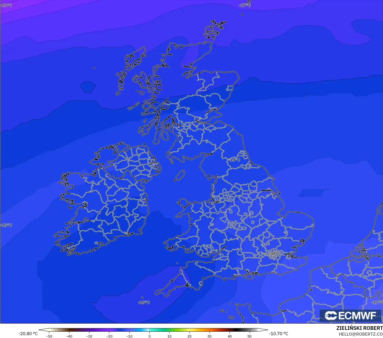 ECMWF IFS 0.25° modelo - Reino Unido, Temperatura a 500 hPa